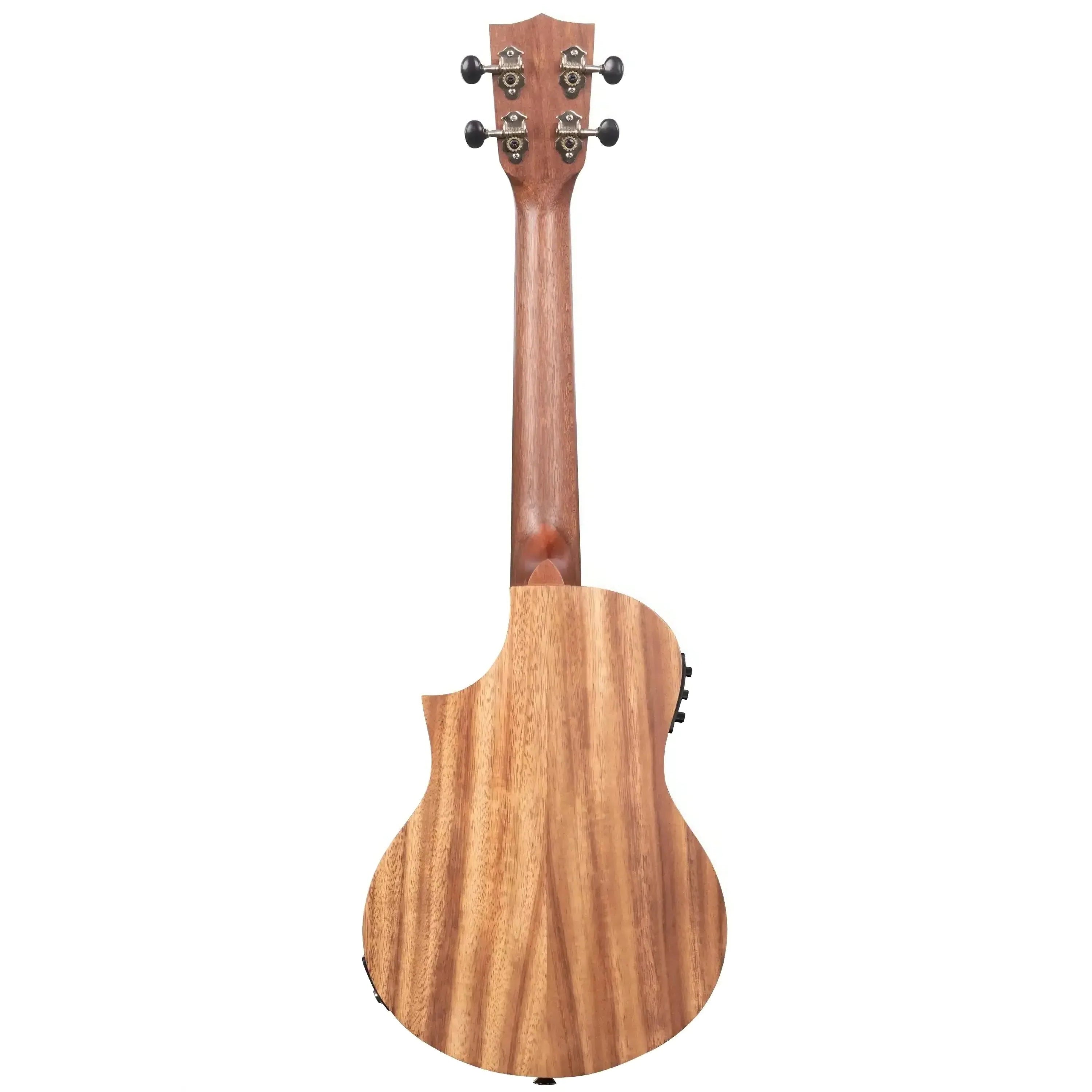 Kala TK-T-CE Teak Tri-Top Tenor Ukulele, back view, showing wood grain, neck, and headstock with tuners.
