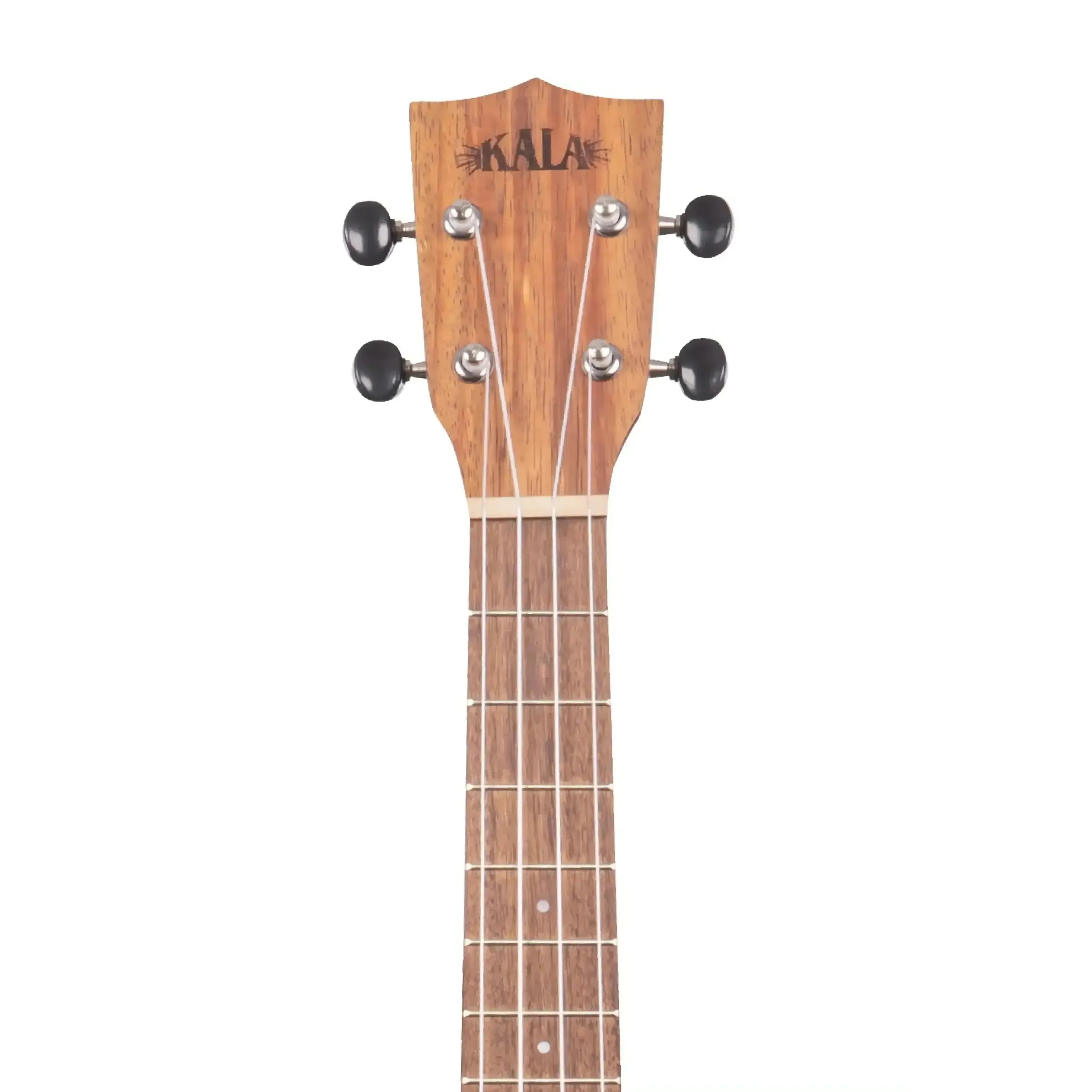 Kala TK-T-CE Teak Tri-Top Tenor Ukulele headstock and neck with black tuners.