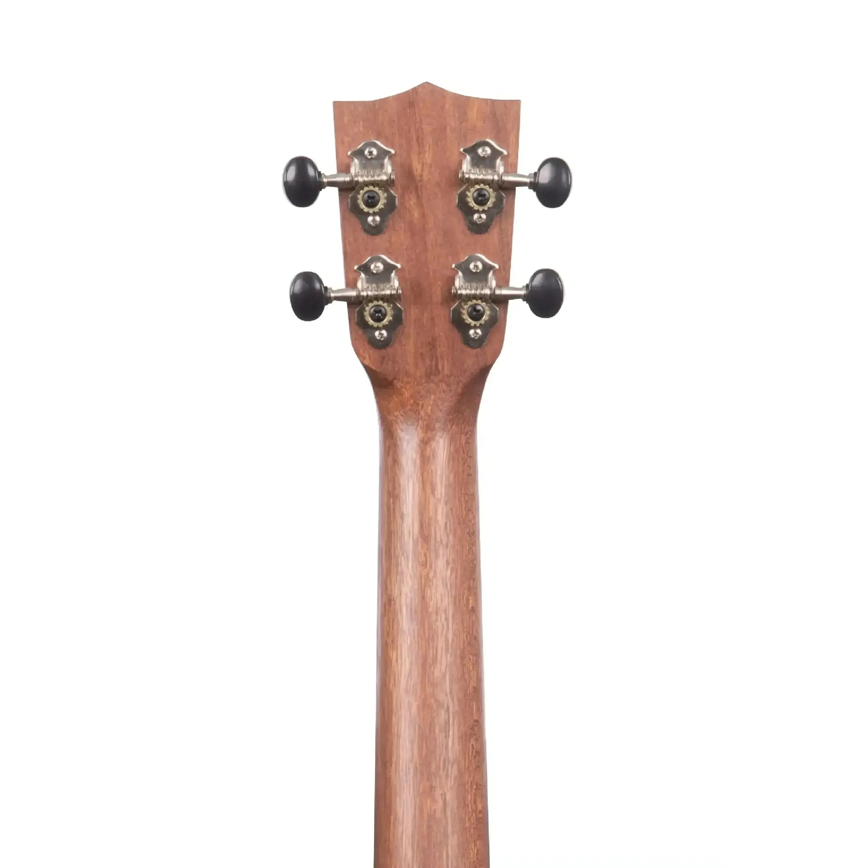 Back of a Kala Teak Tri-Top Tenor Ukulele headstock and neck, showing black tuners and natural wood grain.