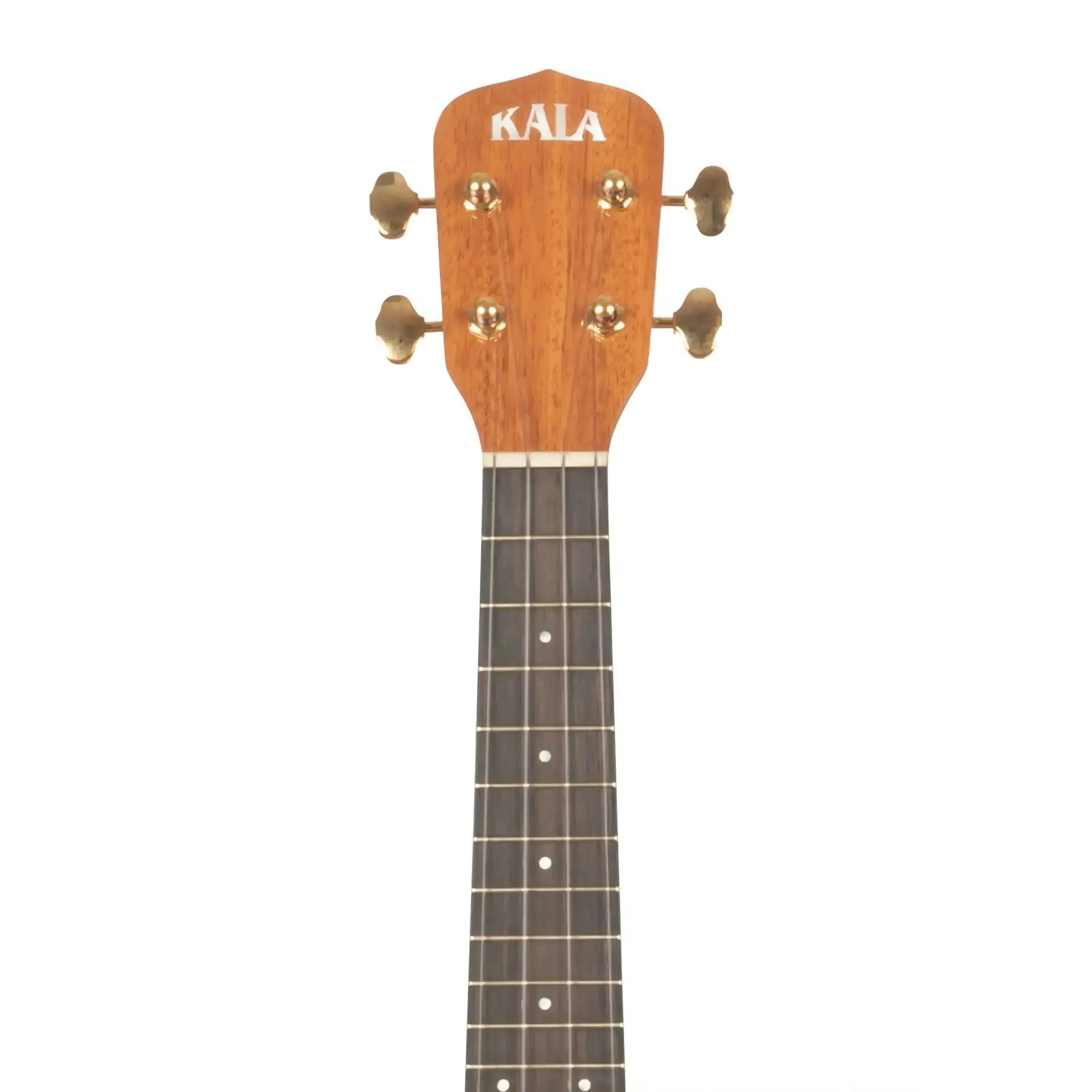 Kala Trembesi soprano ukulele headstock with gold tuners and ebony fingerboard.