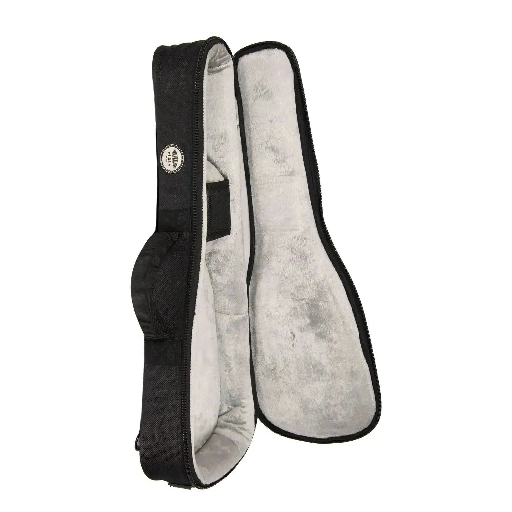 Kala TSUB-S Transit Series black soprano ukulele case, open to show plush gray interior.
