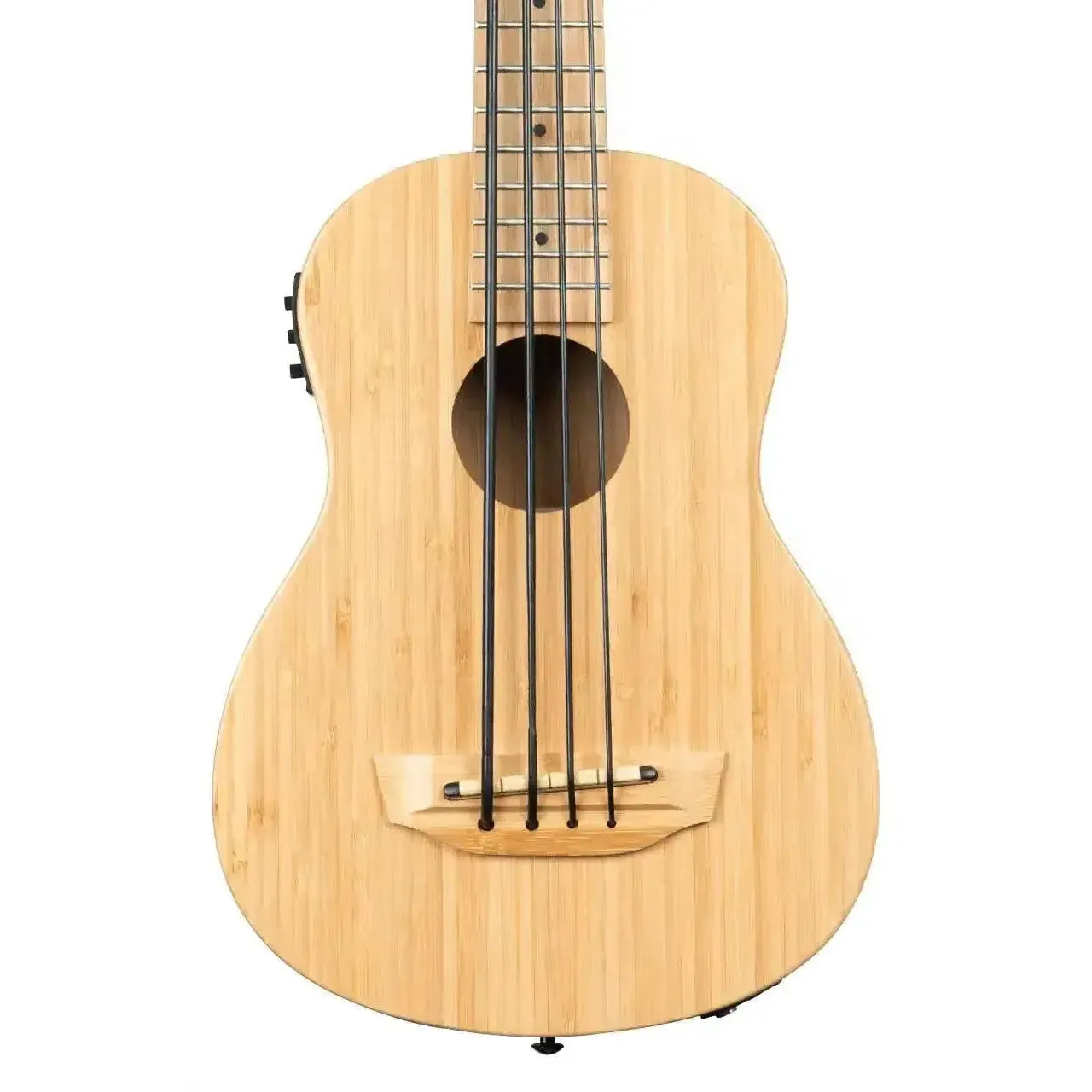 Kala UBASS-BMB-FS Solid Bamboo U•BASS with black strings and pickup, front view.