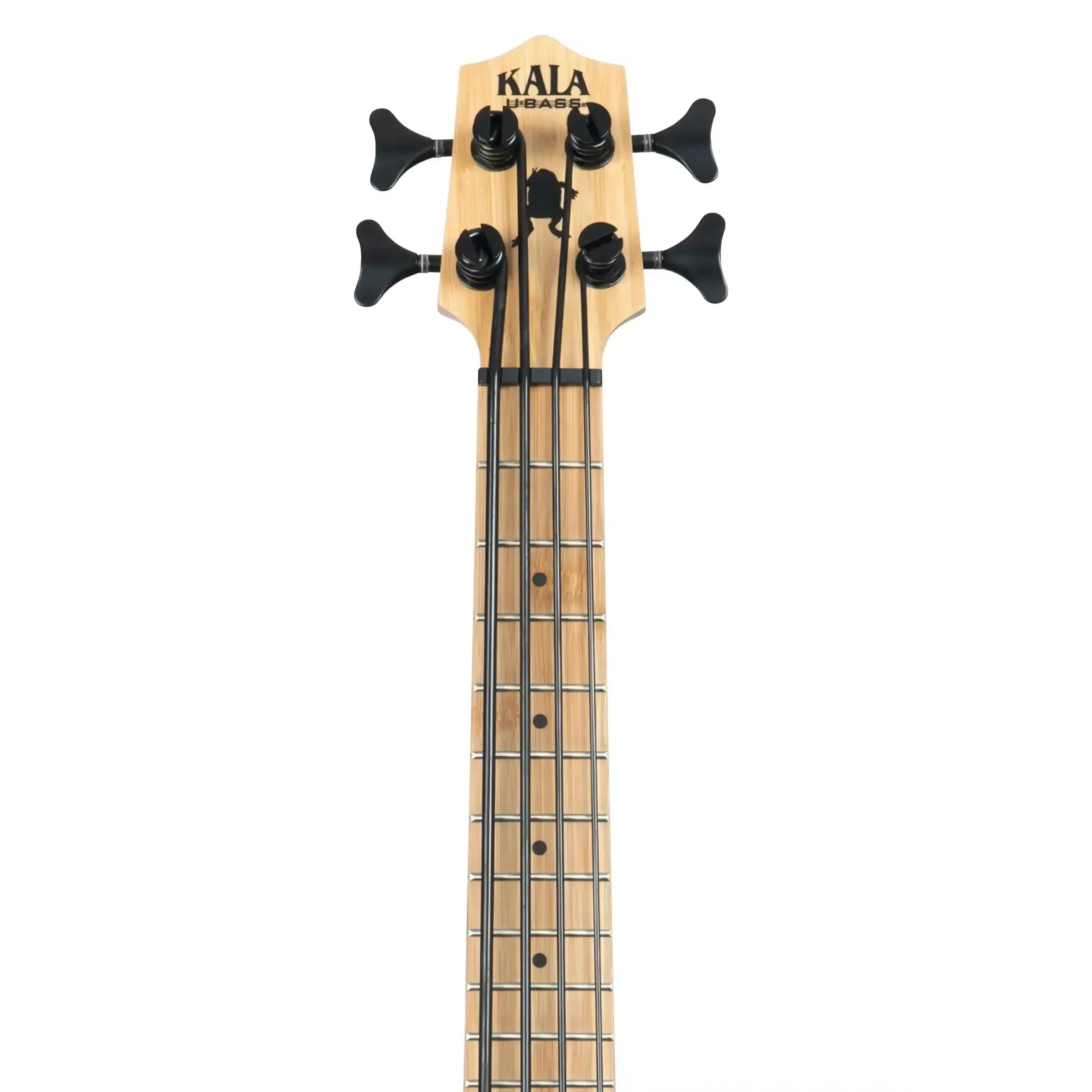 Kala UBASS-BMB-FS Solid Bamboo U•BASS headstock and fretboard with black tuners.