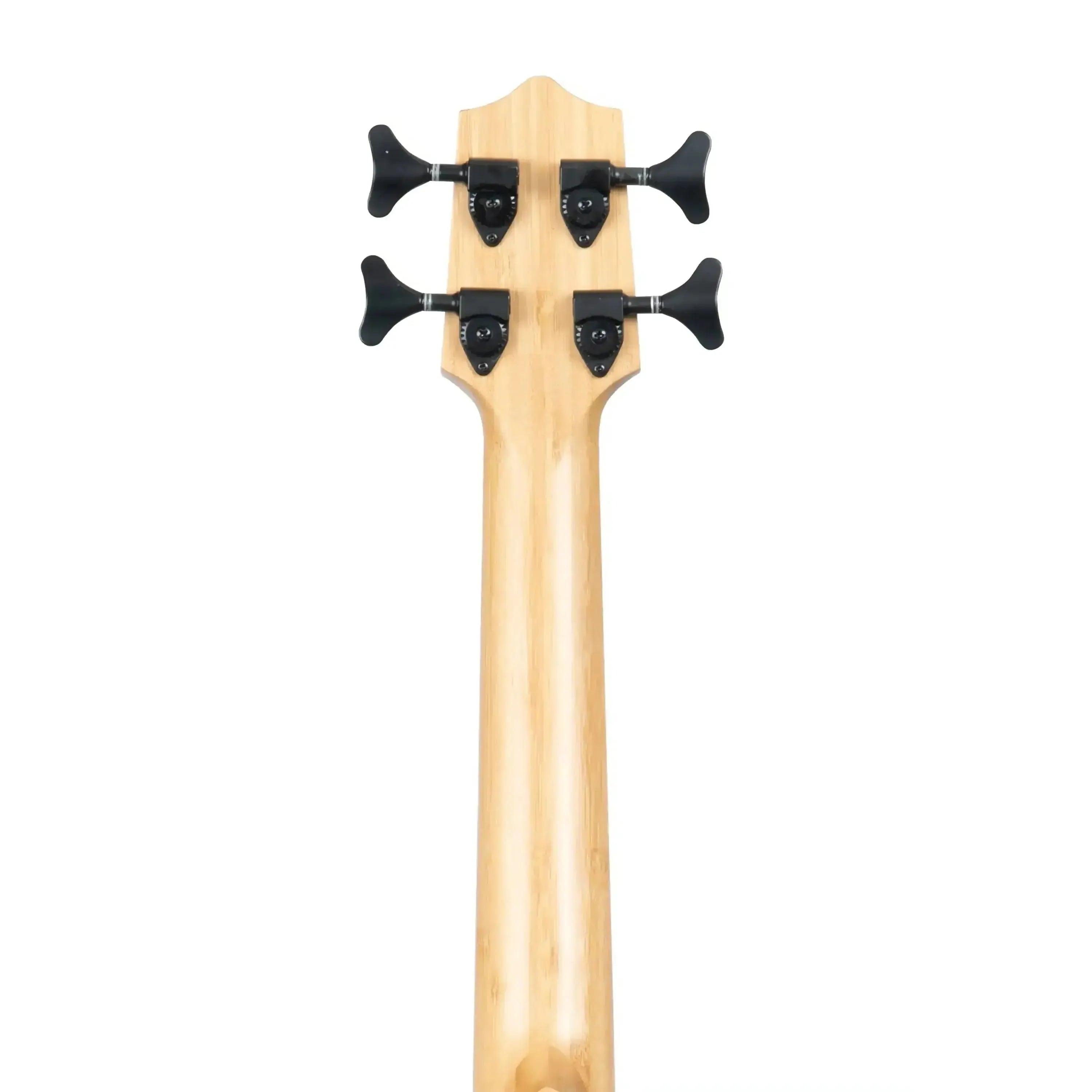 Back of Kala UBASS-BMB-FS Solid Bamboo U•BASS neck and headstock with black tuners.