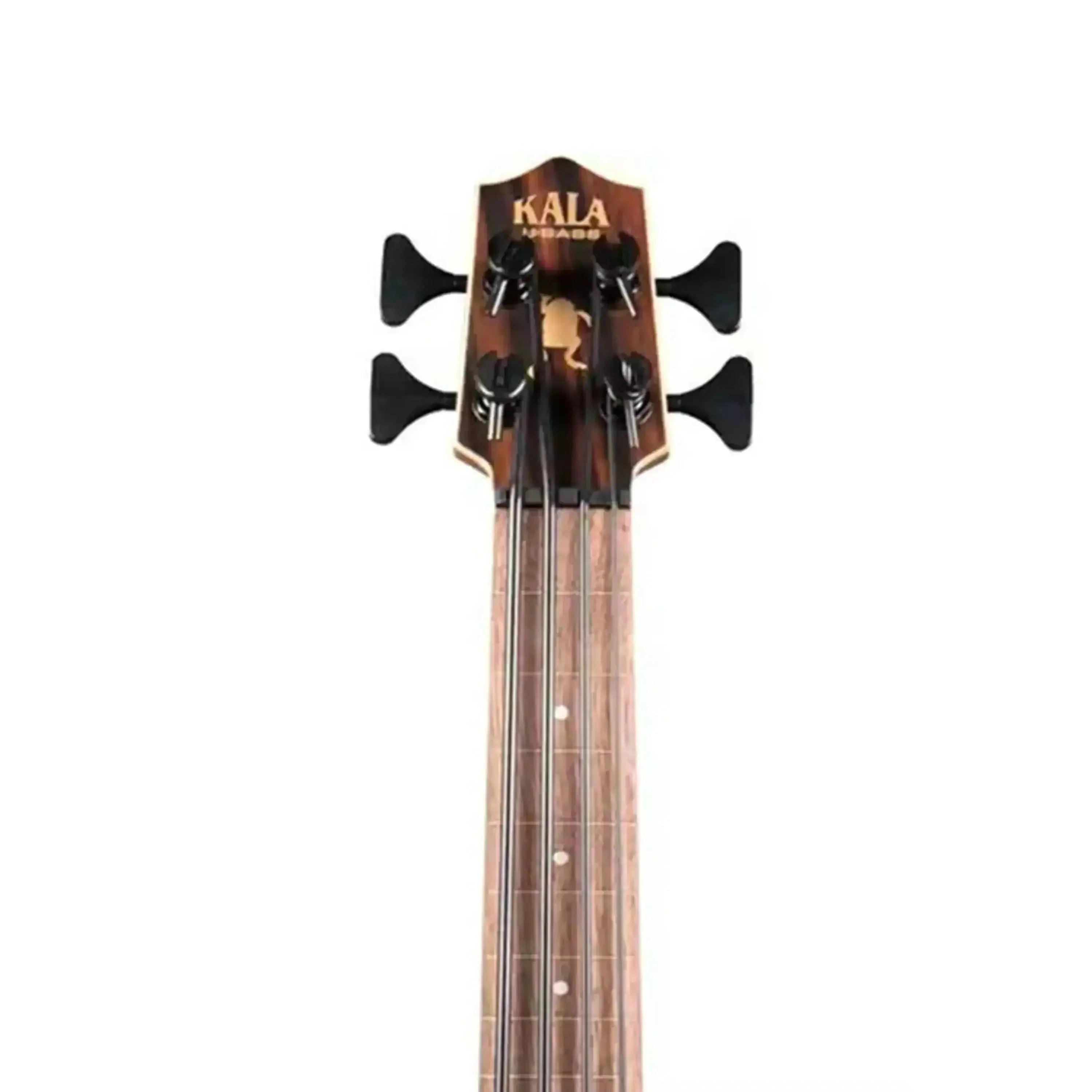 Kala U•BASS striped ebony fretless acoustic-electric headstock with black tuners and logo.