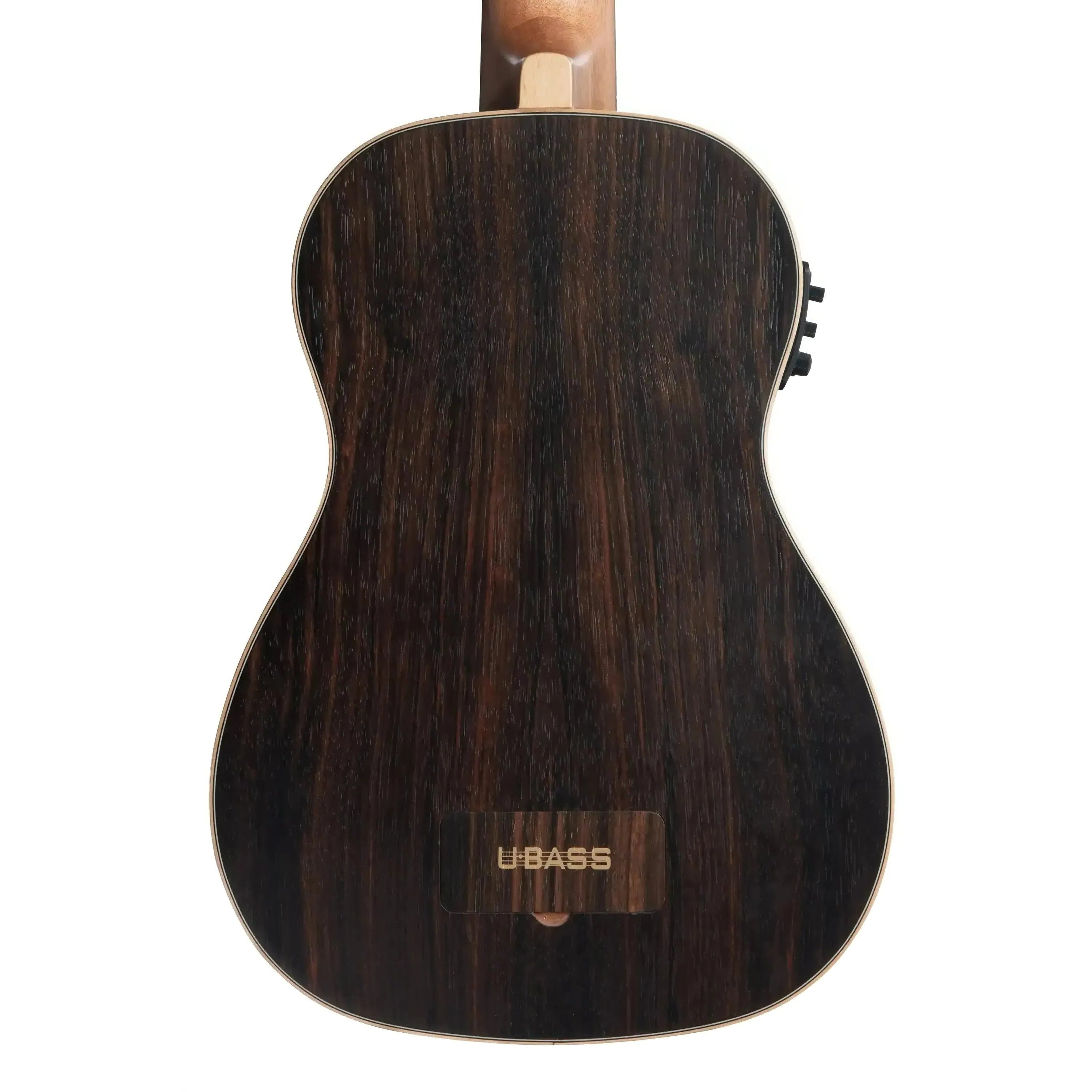 Back of a Kala U•BASS, dark striped ebony laminate with light maple binding and "UBASS" label.