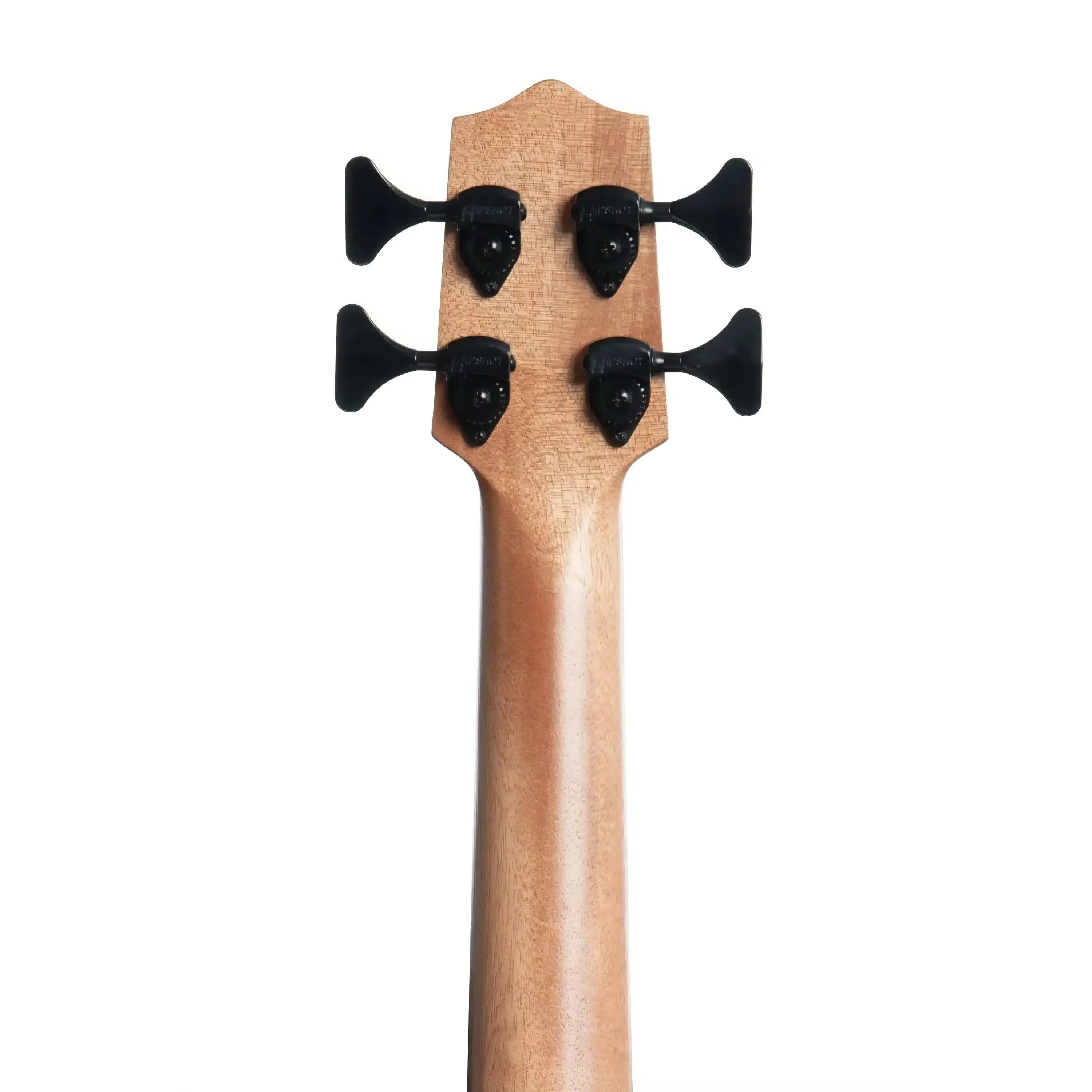 Kala U•BASS mahogany neck and headstock with four black Hipshot Ultralite tuners.