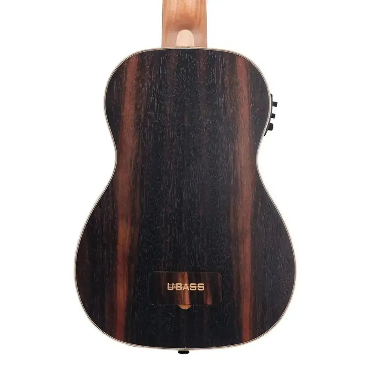 Back of a Kala U•BASS with dark striped ebony laminate, satin finish, and light wood neck.