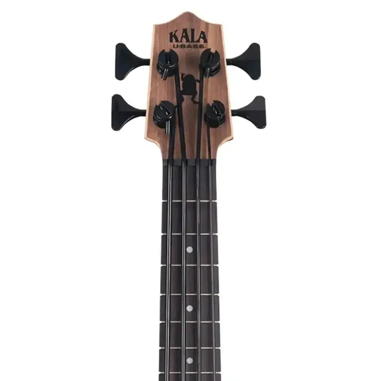 Kala U•BASS headstock and fretboard, featuring exotic mahogany, black tuners, and dark strings.