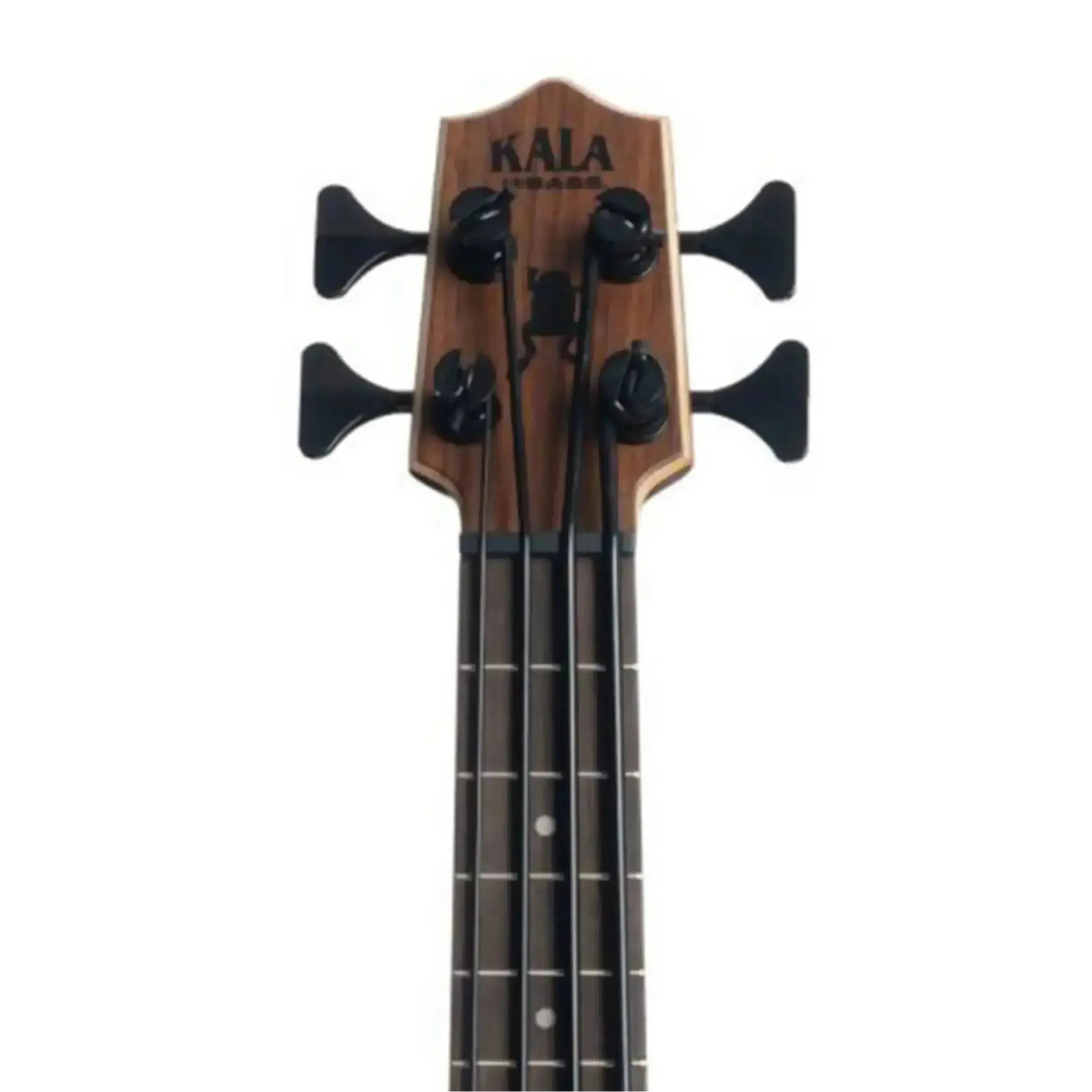 Kala Left-Handed Acoustic-Electric U•BASS headstock with mahogany finish, black tuners, and rosewood fingerboard.