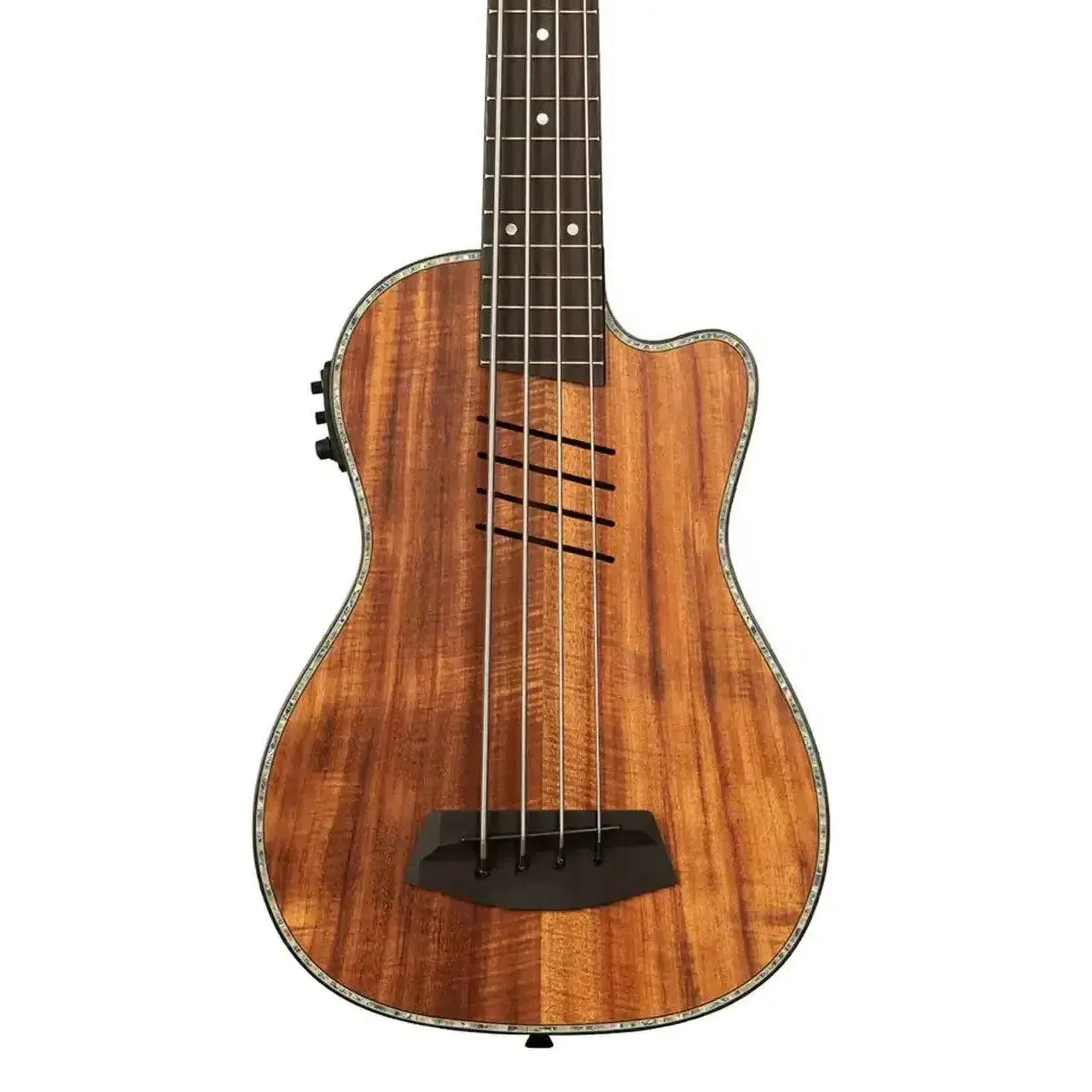 Kala Hutch Hutchinson Signature U•BASS with solid Hawaiian koa top, abalone purfling, and black binding.