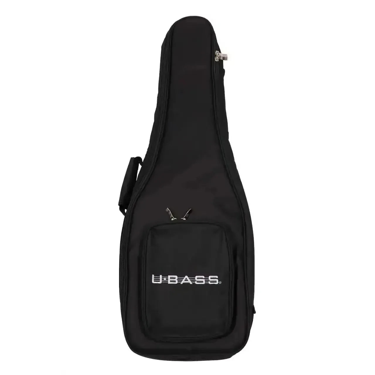 Black Kala U•BASS gig bag with white "U•BASS" logo and front pocket.