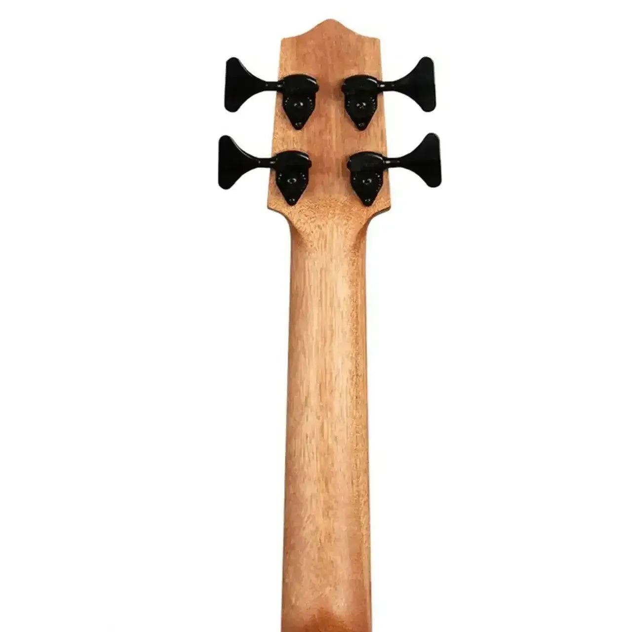 Kala UBASS-HH-KOA-FS U•BASS mahogany neck and headstock with four black Hipshot Ultralite tuners.