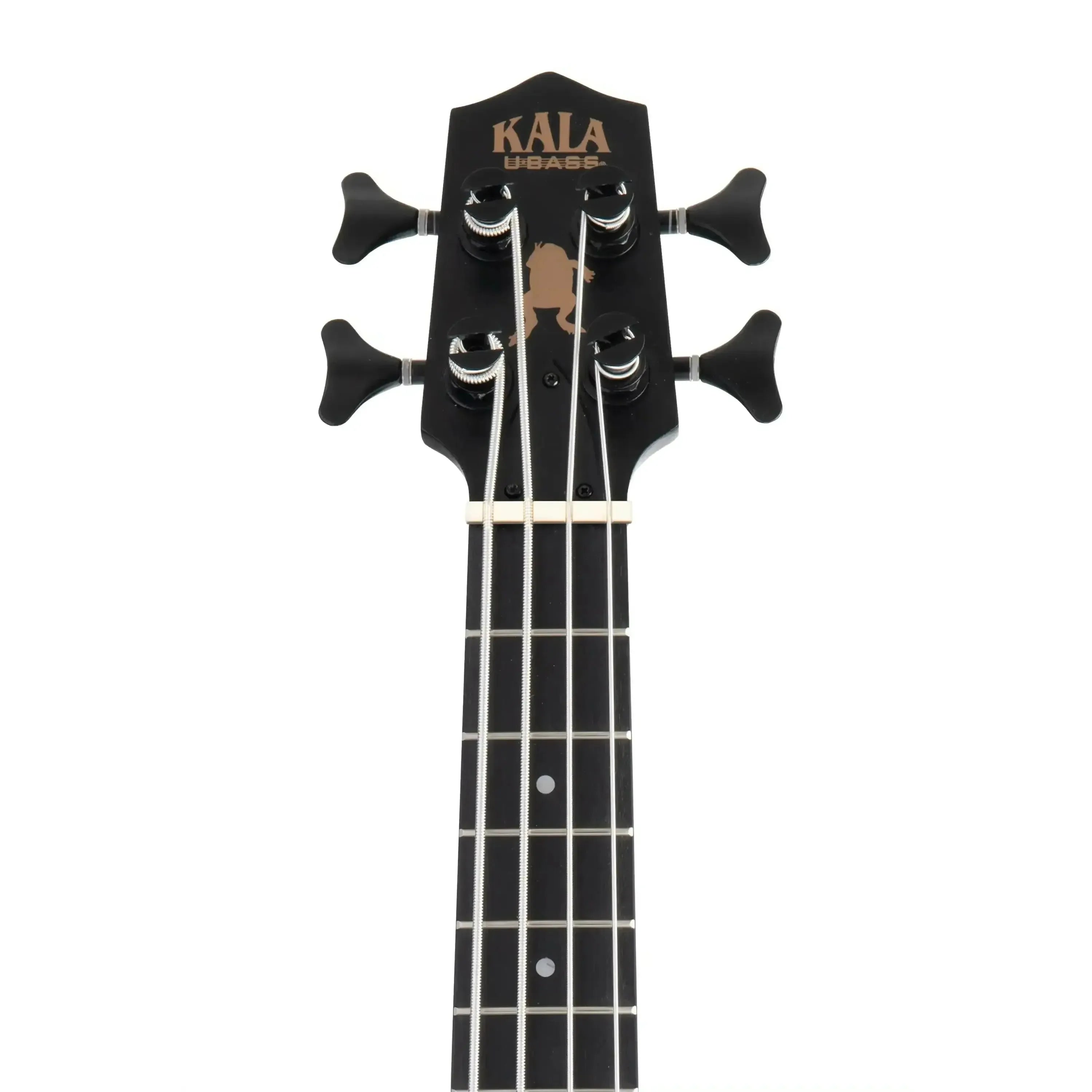 Kala U•BASS headstock with black die-cast tuners and logo on a black mahogany finish.