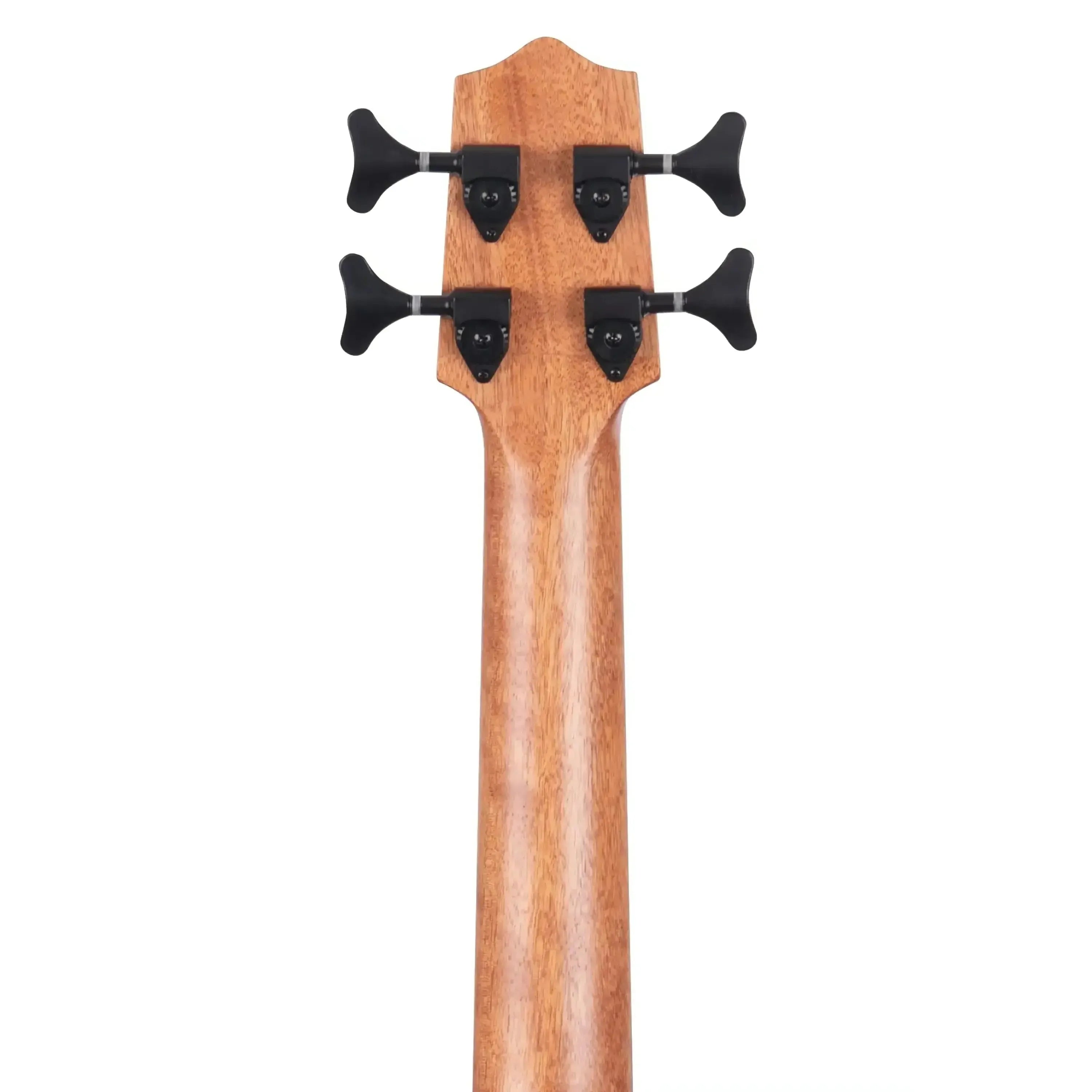 Kala Journeyman U•BASS headstock and neck, showing mahogany wood and black die-cast tuners.