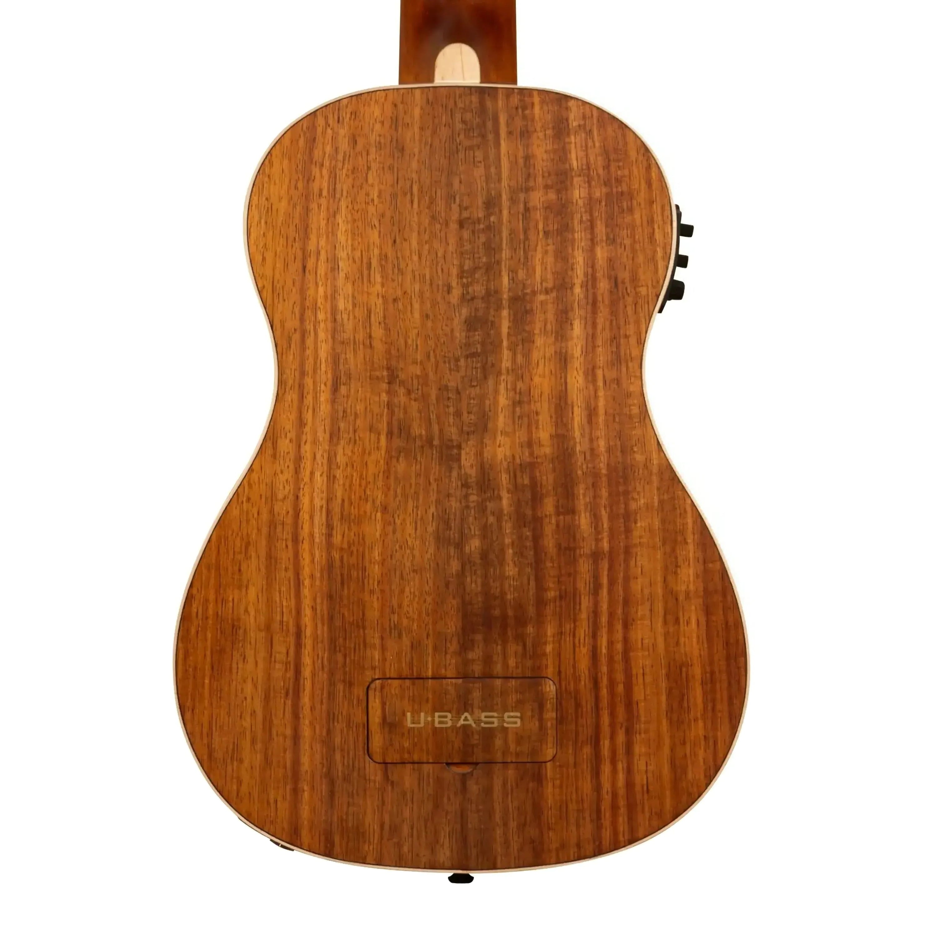 Kala U•BASS-KOA-FS acoustic-electric U•BASS, back view, showing solid Hawaiian koa wood grain and battery compartment.