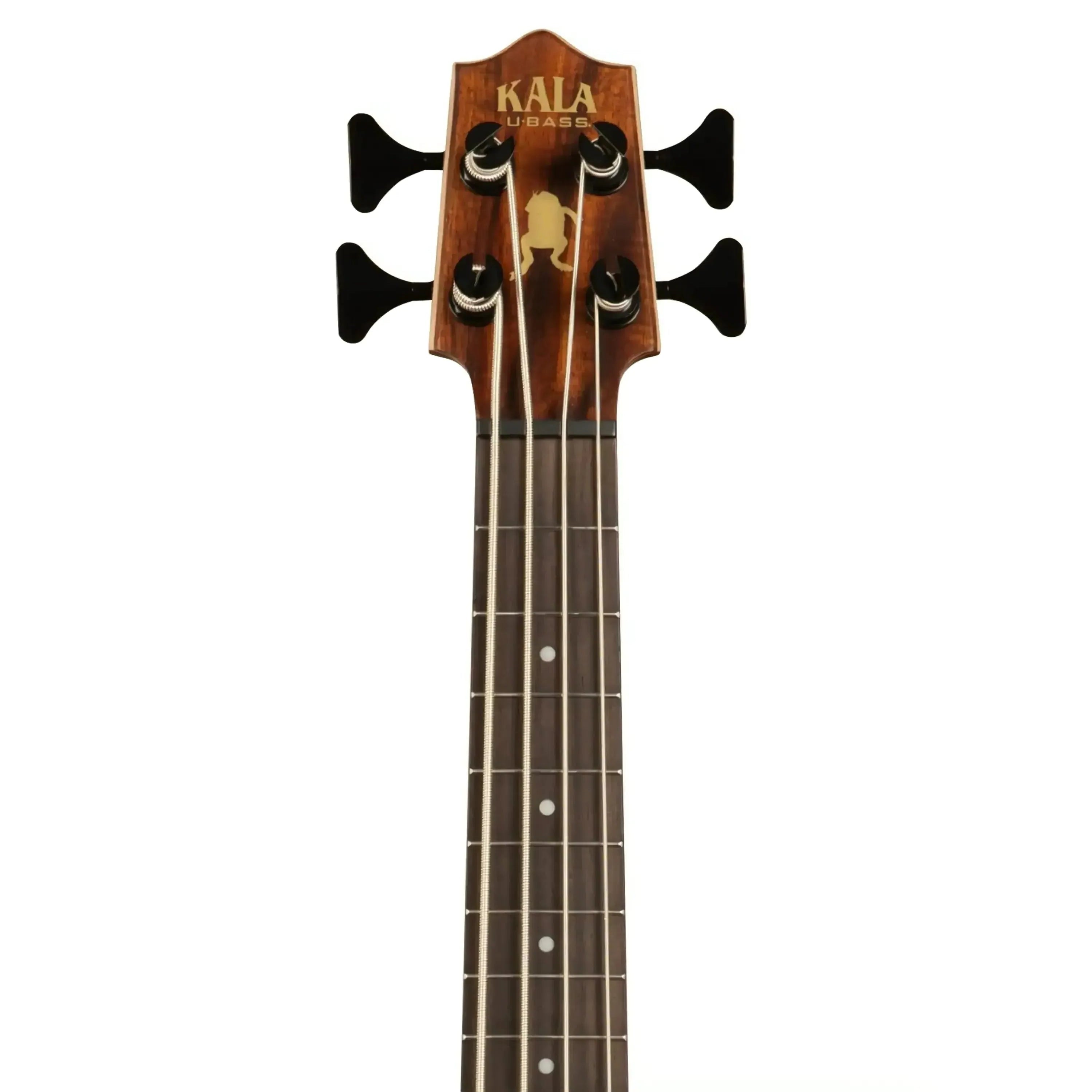 Kala U-BASS headstock and fretboard, featuring koa wood, gold tuners, and white strings.