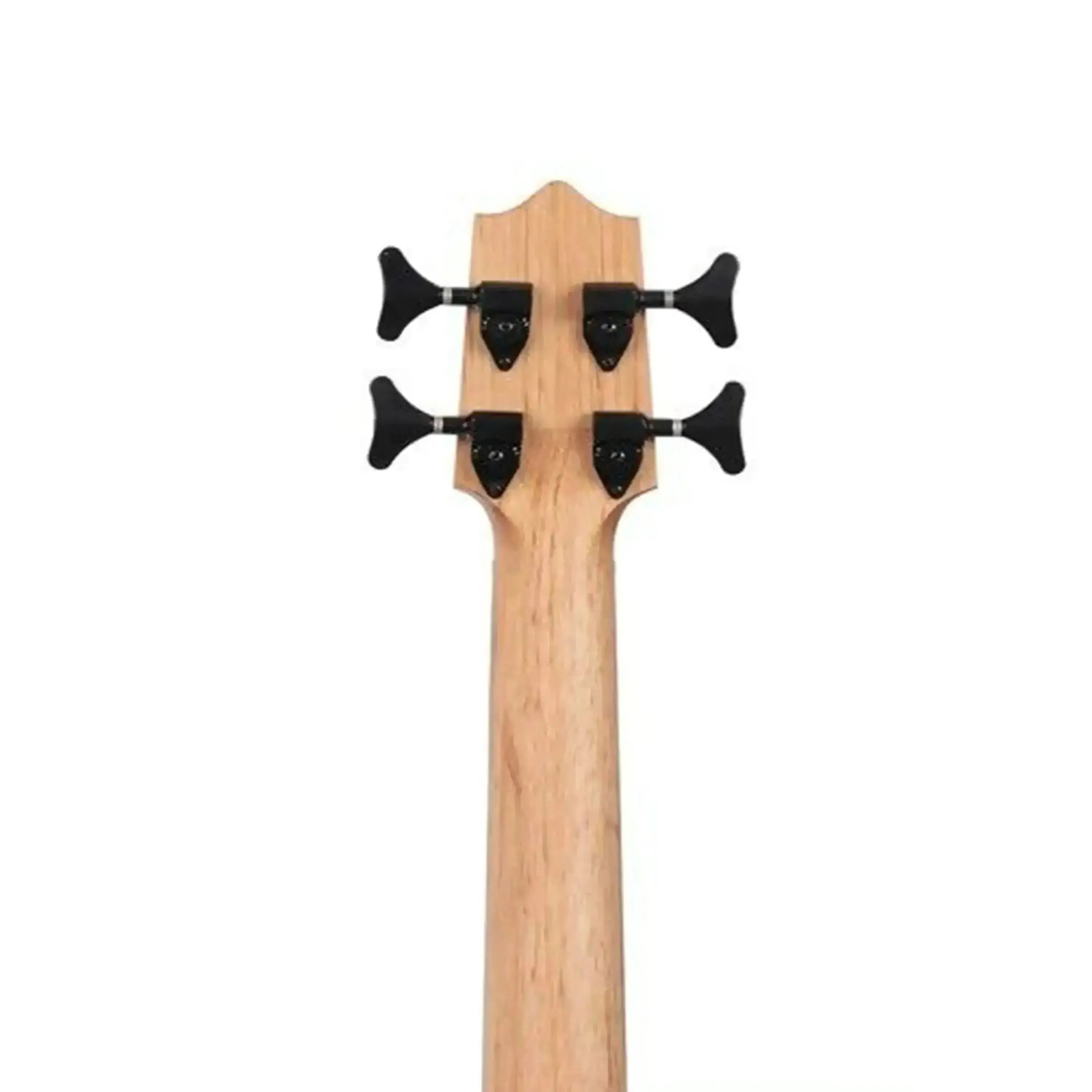 Back of Kala U•BASS headstock and mahogany neck with black die-cast tuners.