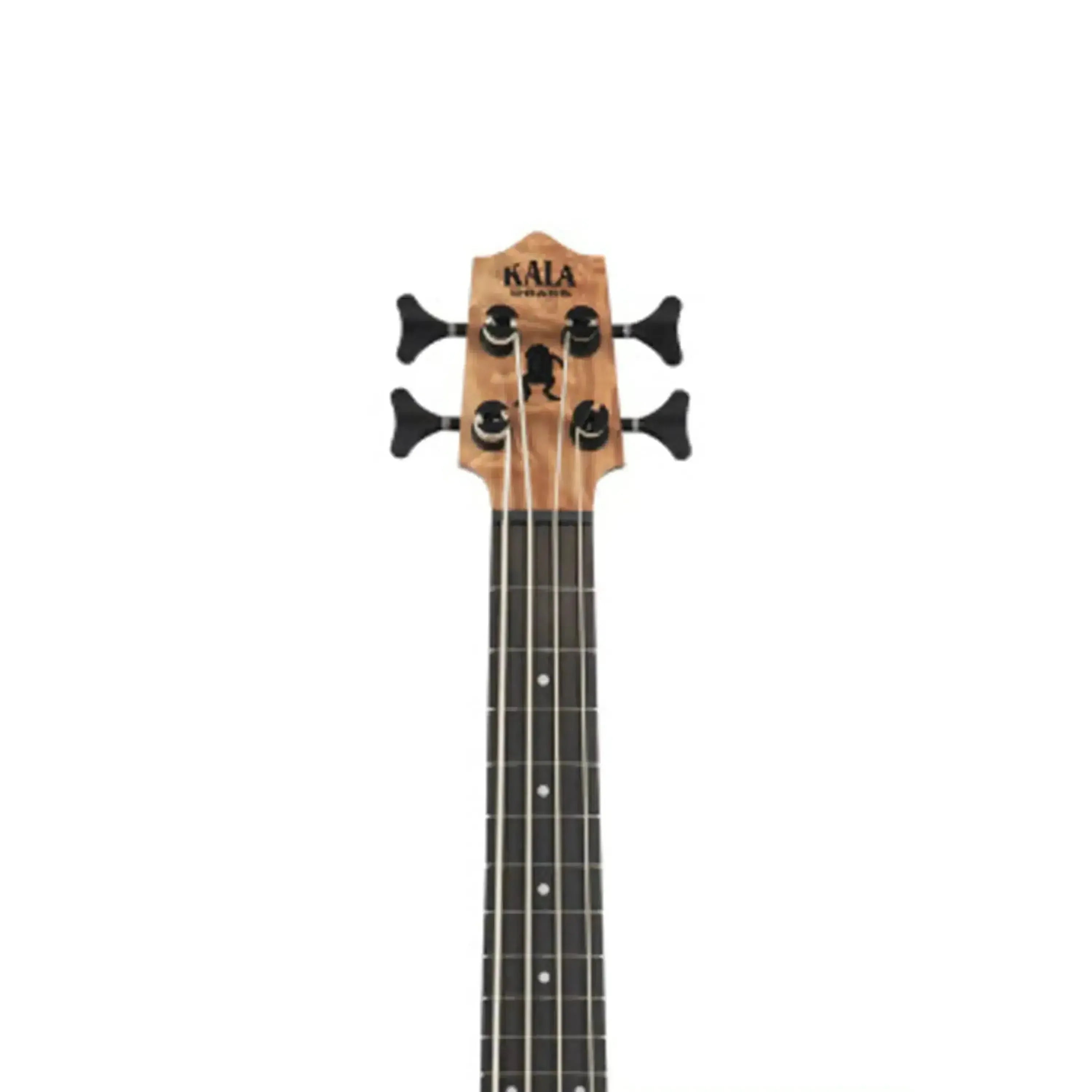 Kala U•BASS headstock and neck with quilted ash, black tuners, and rosewood fingerboard.