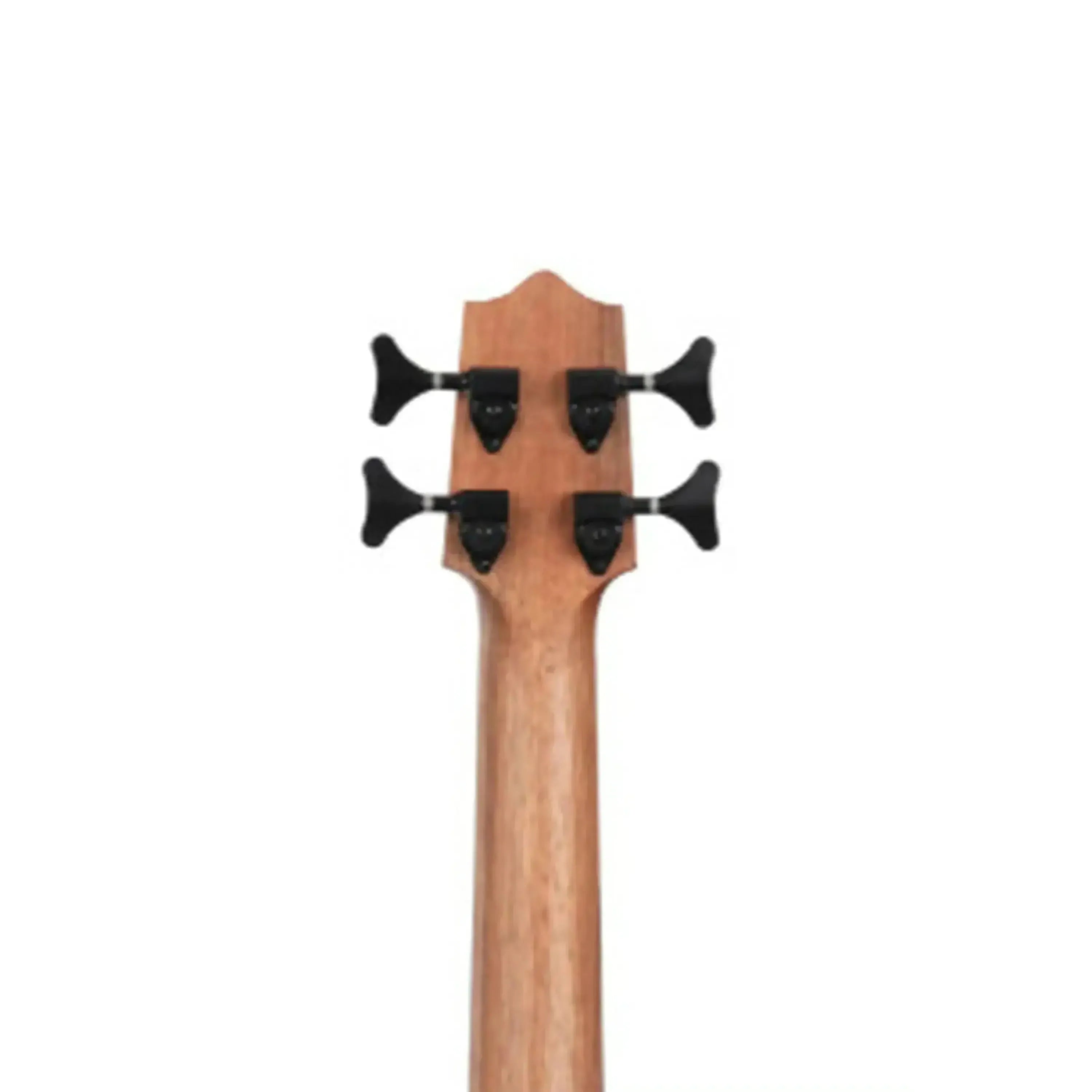 Back of Kala U•BASS mahogany neck and headstock with four black die-cast tuners.