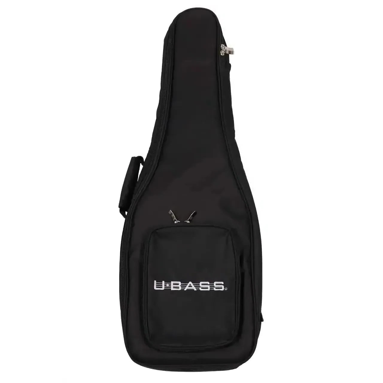 Black Kala U•BASS gig bag with white logo, handle, and zippered pockets.