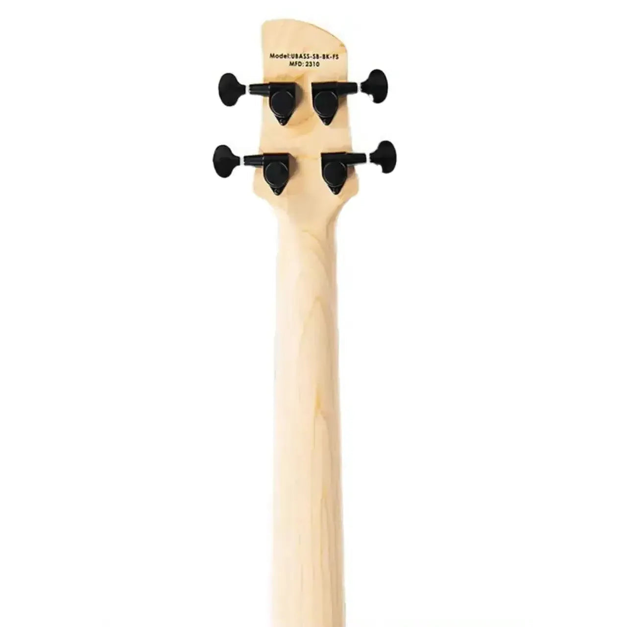 Kala UBASS-SB-BK-BLK-FS U•BASS maple neck and headstock with black closed-gear tuners.