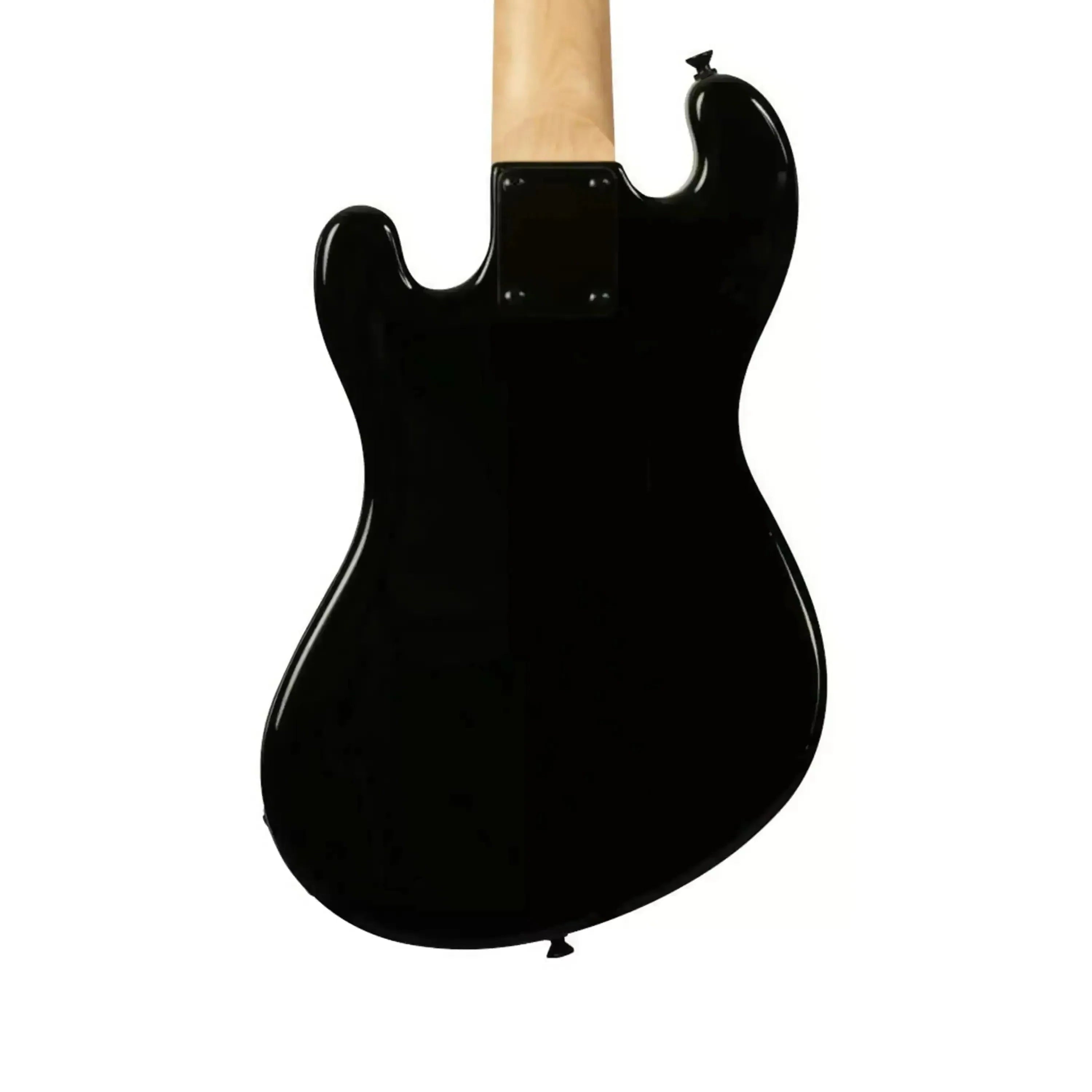 Back of a Kala Solid Body Fretless U•BASS, featuring a jet-black gloss finish and maple neck.