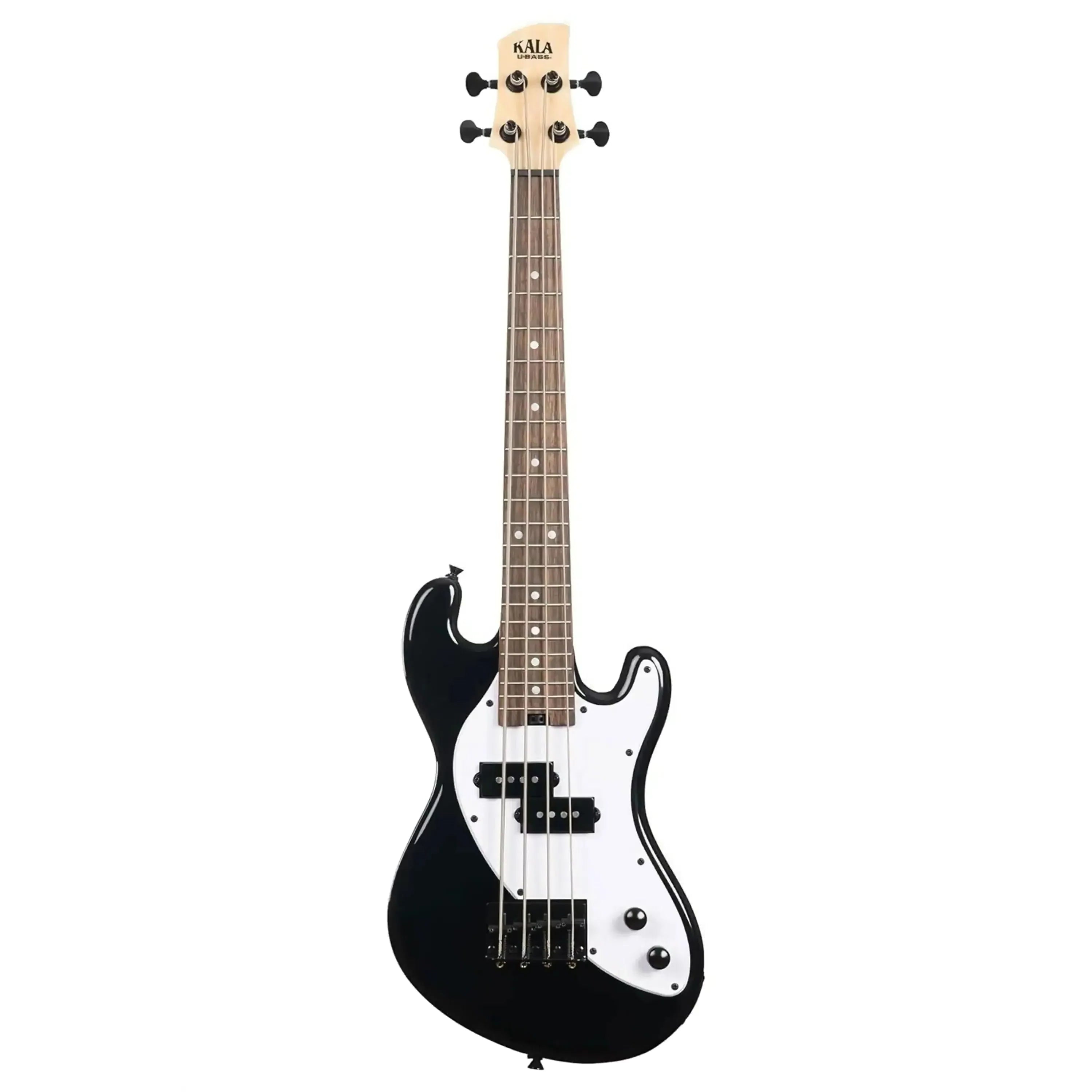 Kala UBASS-SB-BK-FS Jet Black Solid Body Fretted U•BASS with white pickguard and maple neck.