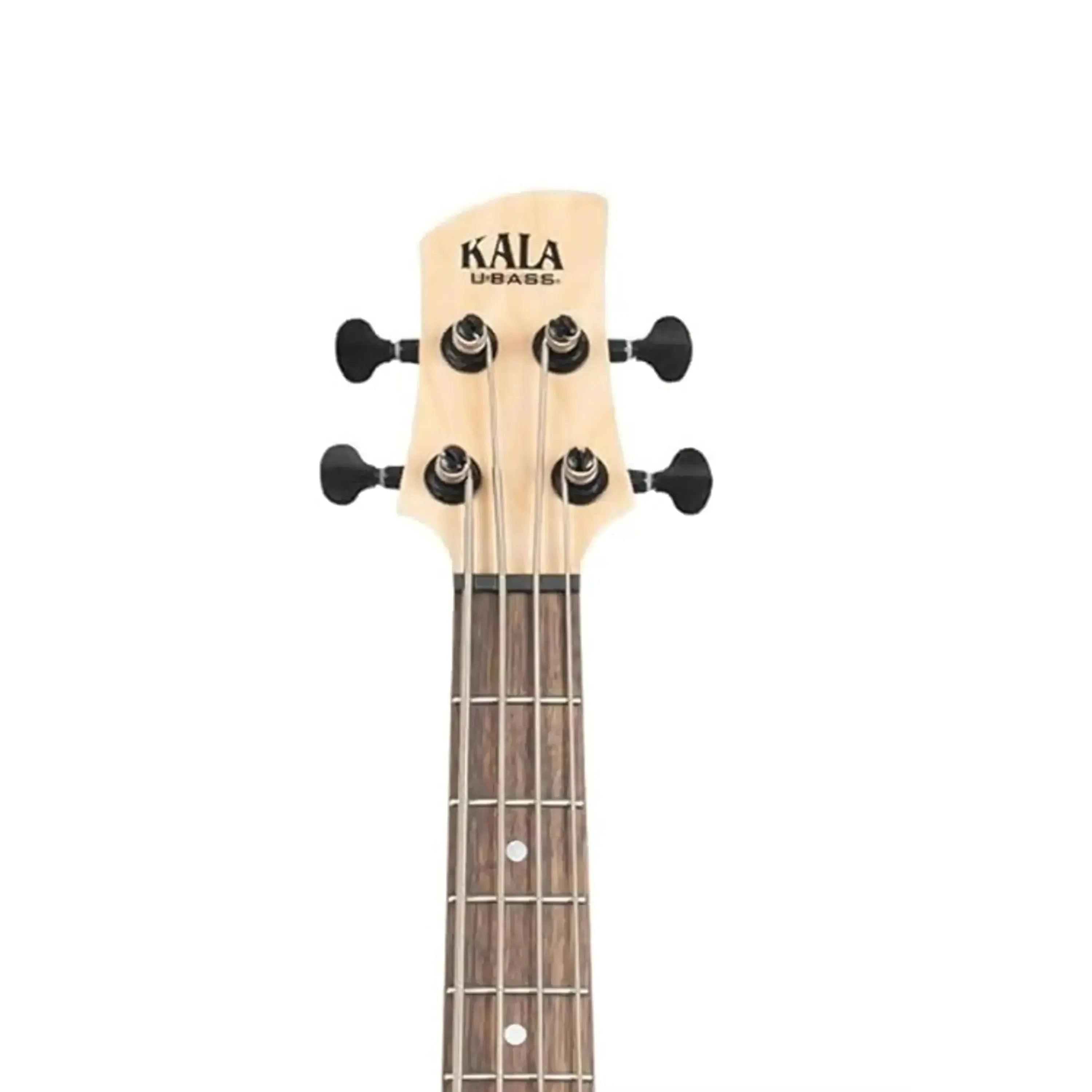 Kala U-BASS headstock with light wood, black tuners, and dark fretboard.