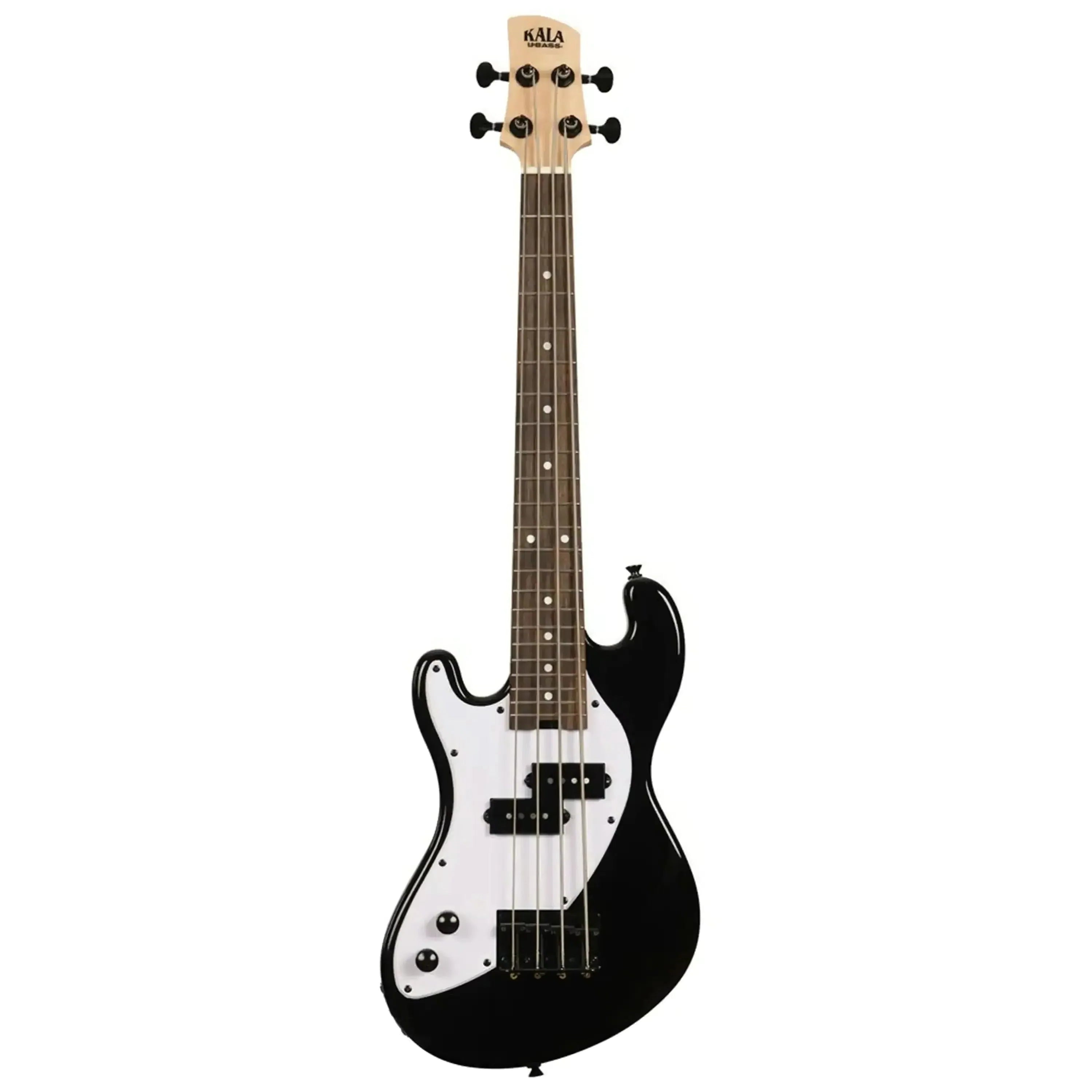 Kala Jet Black Solid Body Fretted Left-Handed U•BASS with white pickguard and maple neck.
