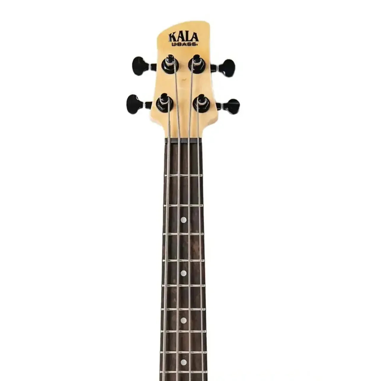 Kala U•BASS headstock and fretboard with black tuners, light wood, and dark frets.