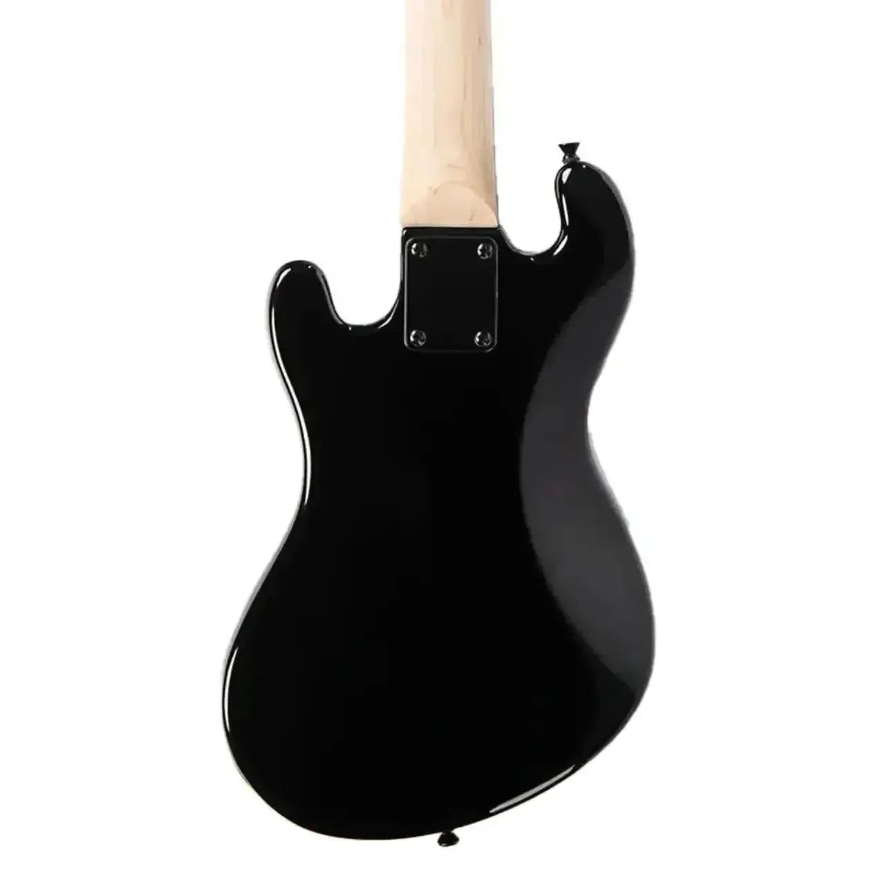 Back of a Kala Jet Black Solid Body Fretted U•BASS with a light maple neck.