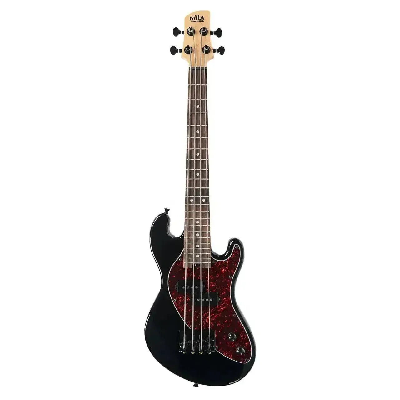 Kala Jet Black Solid Body Fretted U•BASS with tortoiseshell pickguard, maple neck, and laurel fretboard.