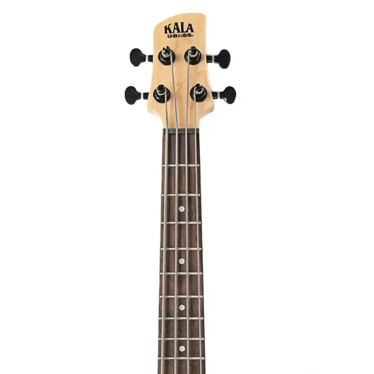 Kala U•BASS light wood headstock with black tuners and dark fretboard.