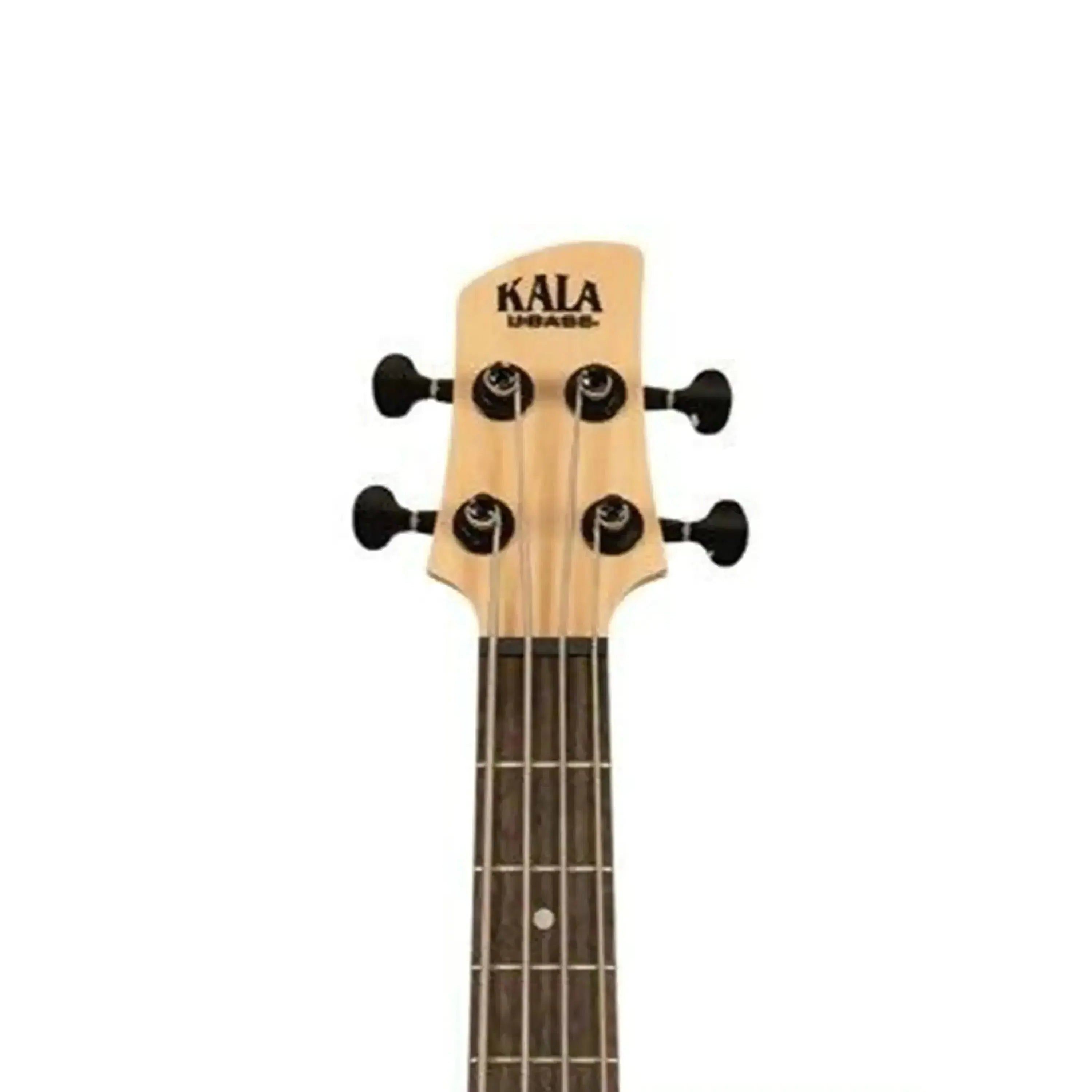 Kala U-BASS headstock with four black closed gear tuners and light wood finish.