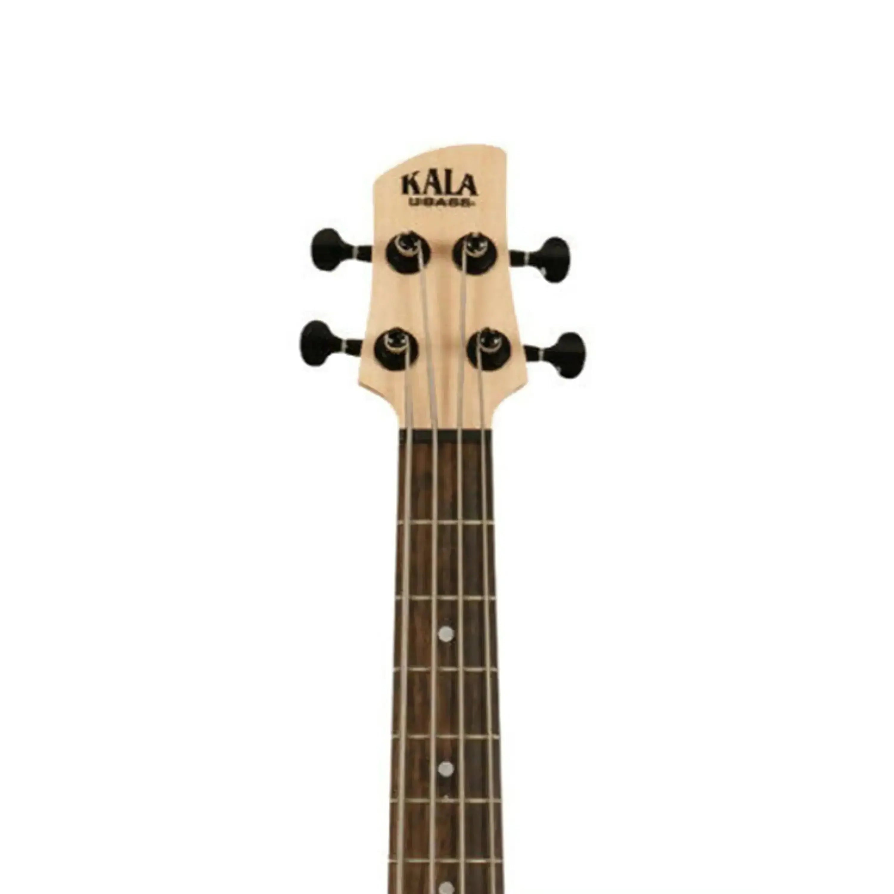Kala U•BASS headstock and fretboard, light wood with black tuners and dark frets.