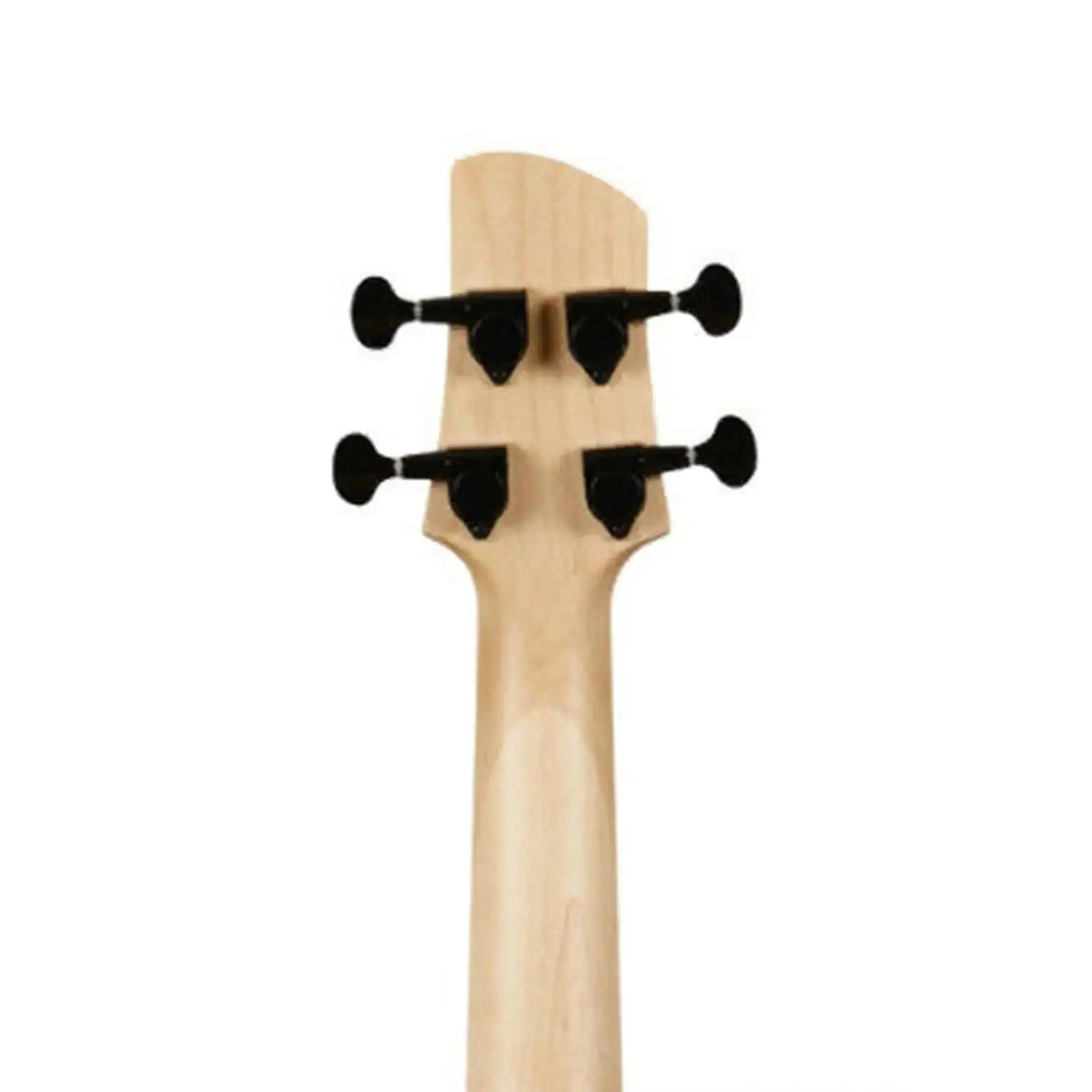 Kala U•BASS headstock and neck, light wood with four black closed gear tuners.