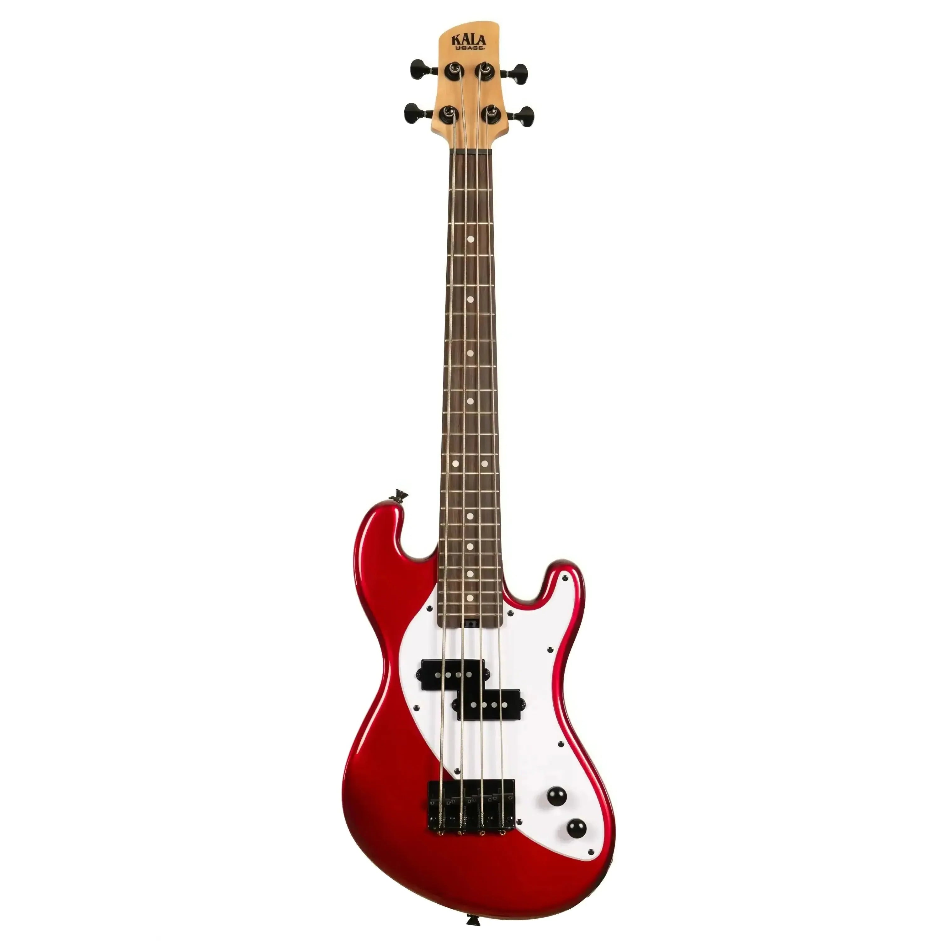 Kala Candy Red Solid Body Fretted U•BASS with white pickguard, black pickups, and maple neck.