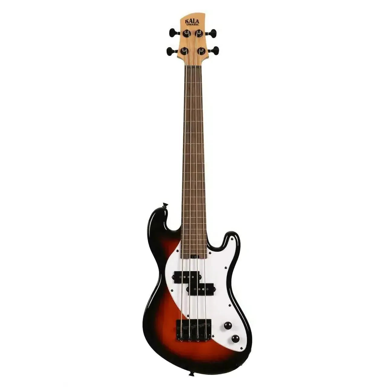 Kala Sunburst Fretless Solid Body U•BASS with white pickguard, black pickups, and maple neck.
