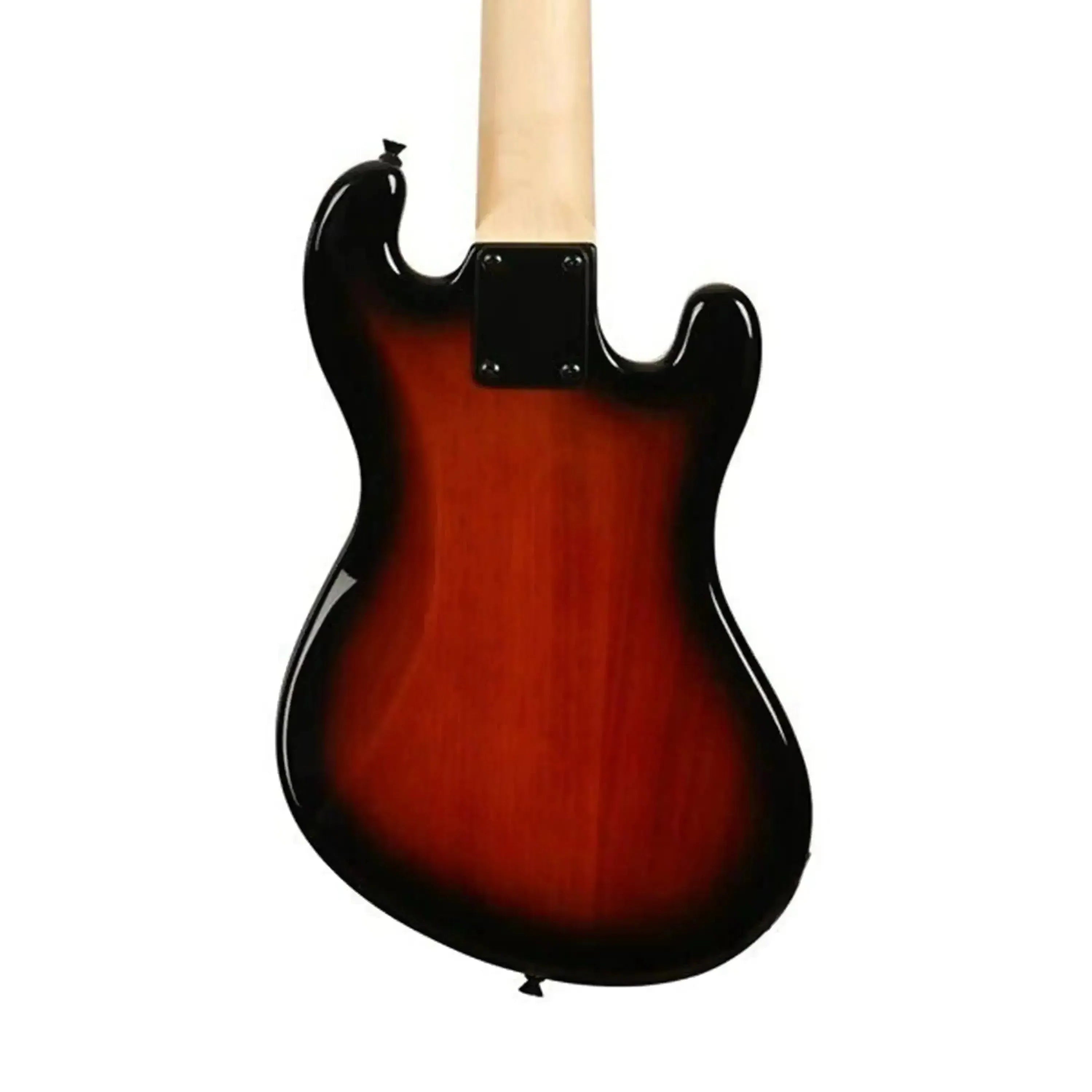 Back of Kala U•BASS in tobacco burst, showing solid body, gloss finish, and maple neck.