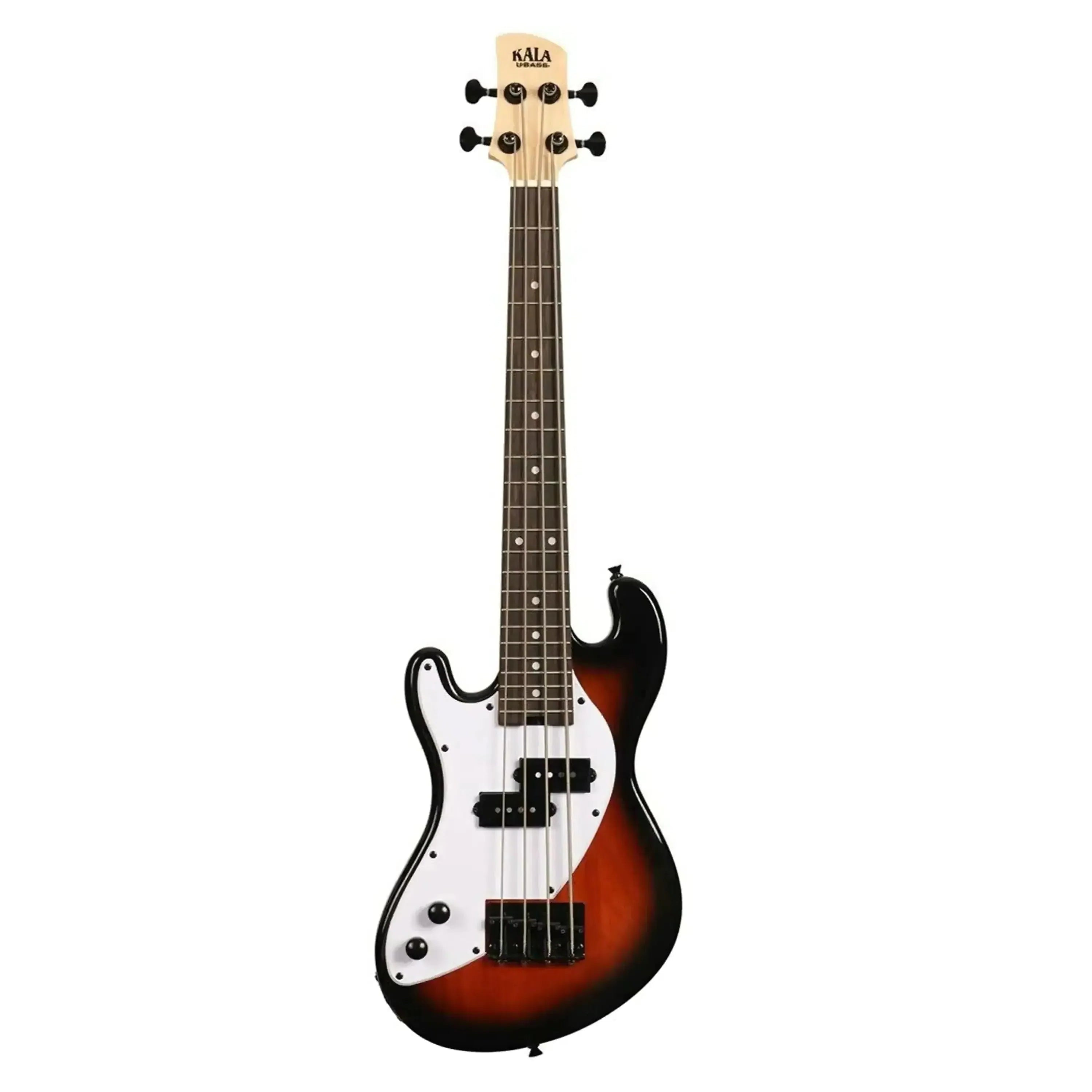 Kala U•BASS, tobacco burst solid body, left-handed, with white pickguard and black hardware.