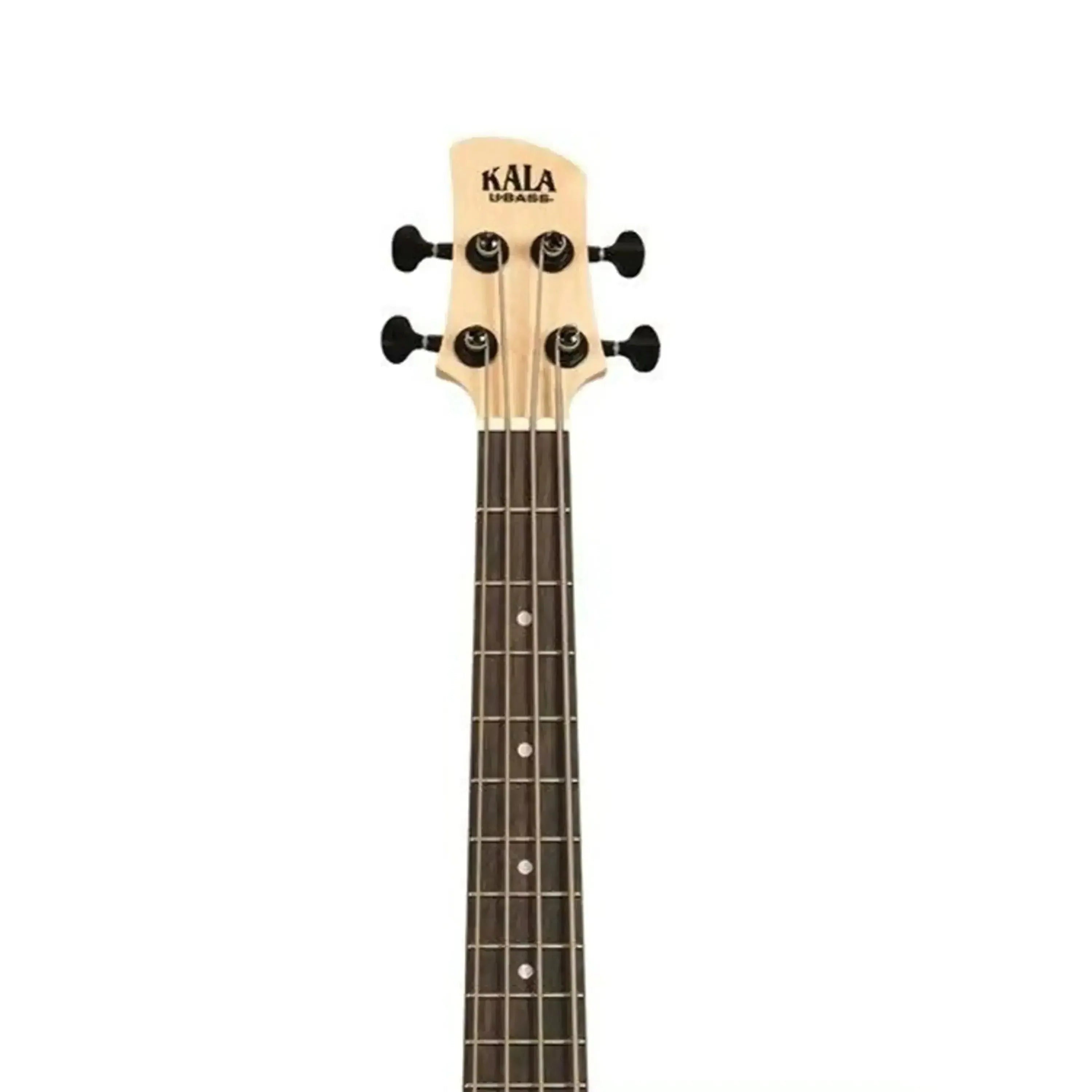 Kala U•BASS headstock and fretboard with black tuners and light wood finish.