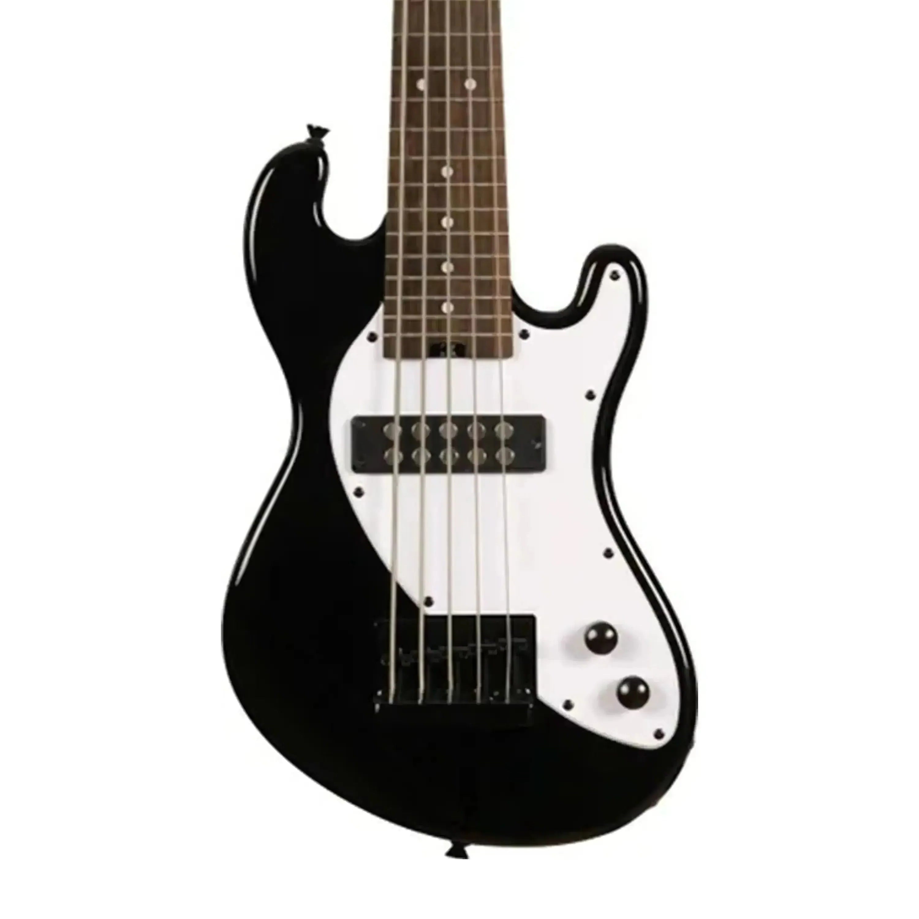 Kala UBASS-SB5-BK-FS jet black solid body fretted 5-string U•BASS with white pickguard.