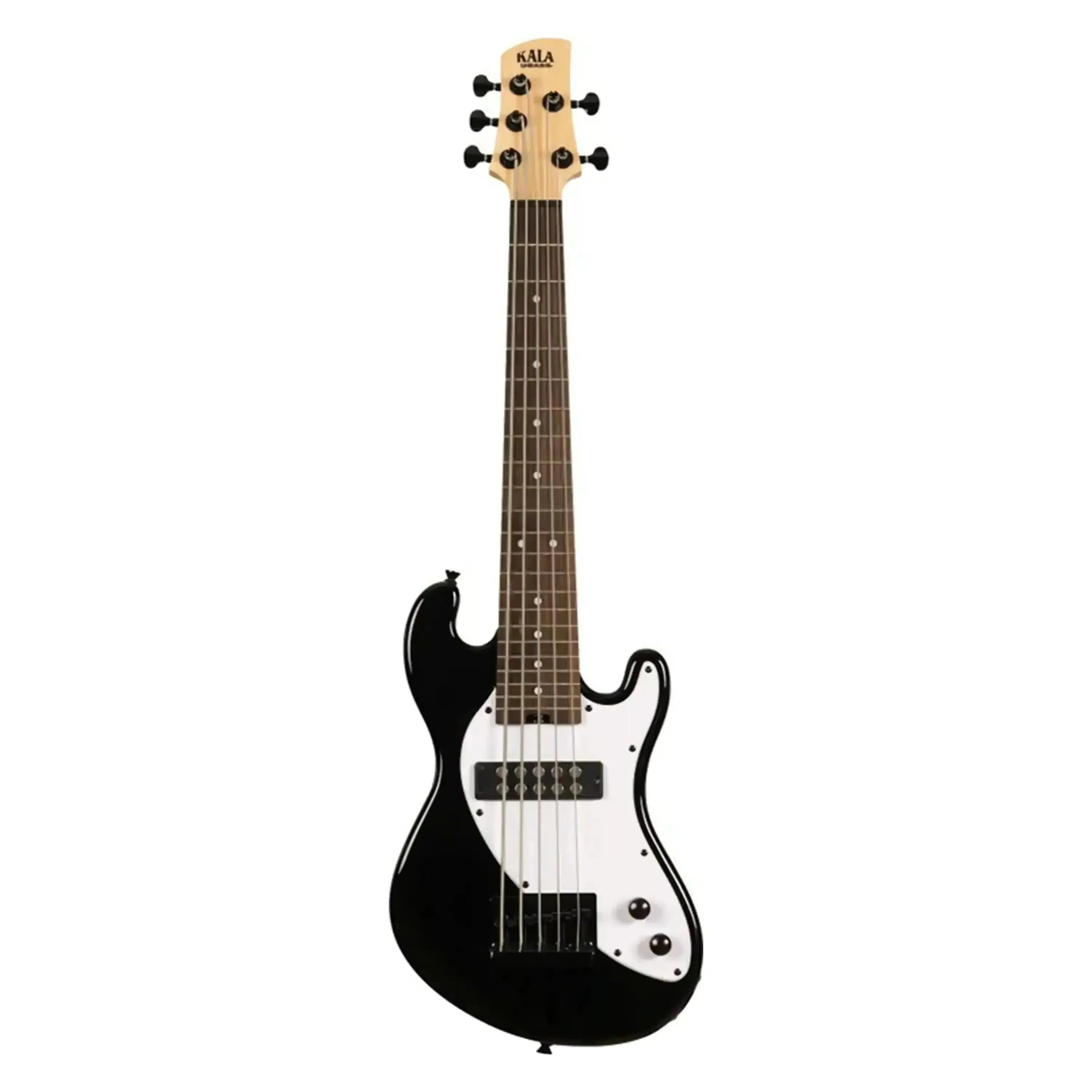 Kala Jet Black Solid Body Fretted 5-String U•BASS with white pickguard and maple neck.