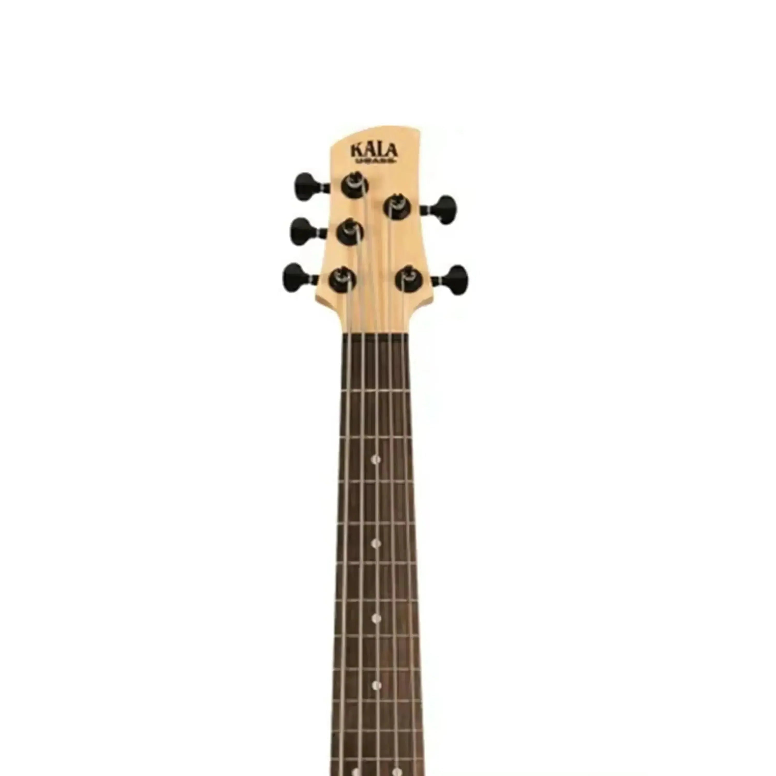 Kala UBASS-SB5-BK-FS 5-string U•BASS headstock with light wood, black tuners, and dark fretboard.