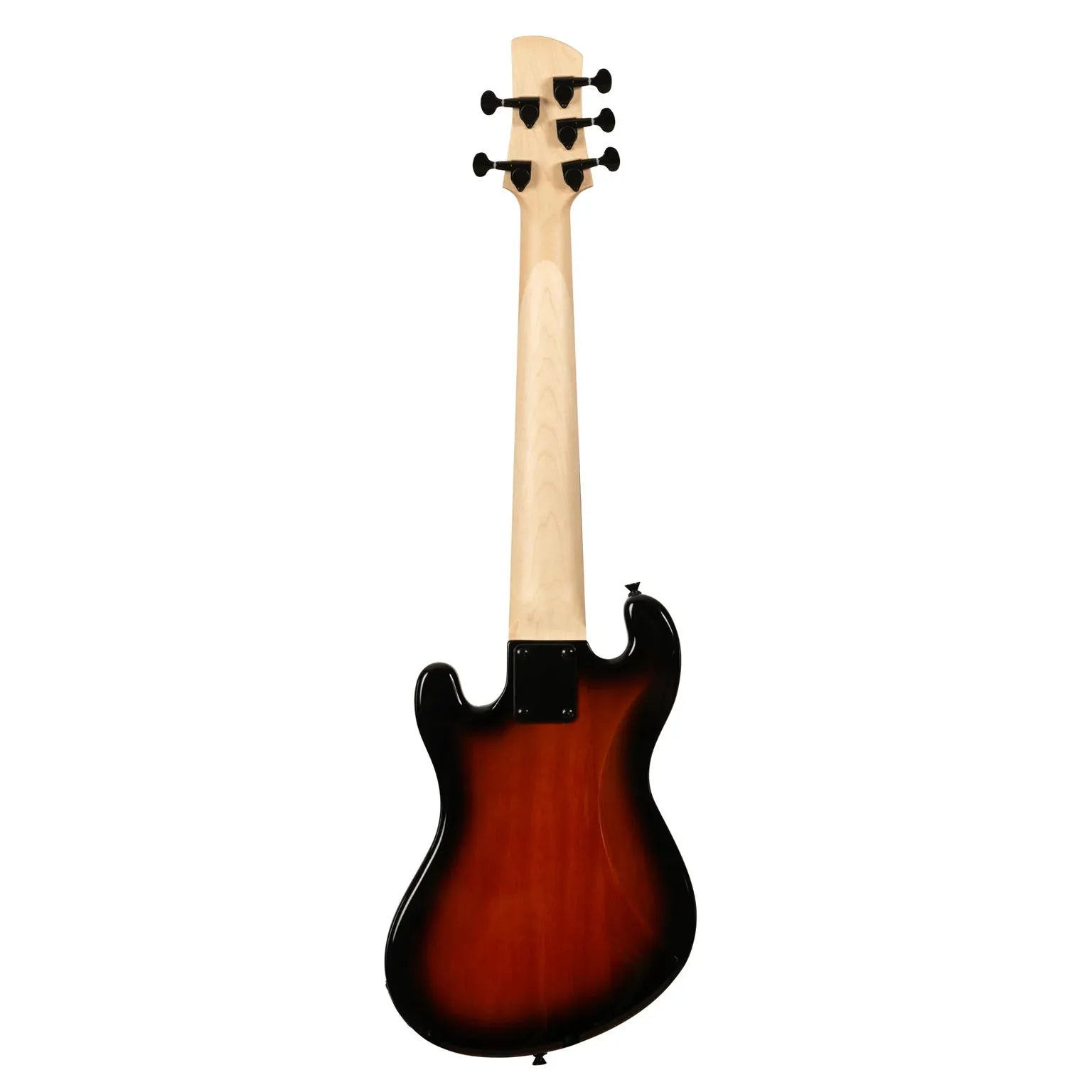 Back view of a Kala 5-string fretless U-BASS with a tobacco burst solid body and natural maple neck.