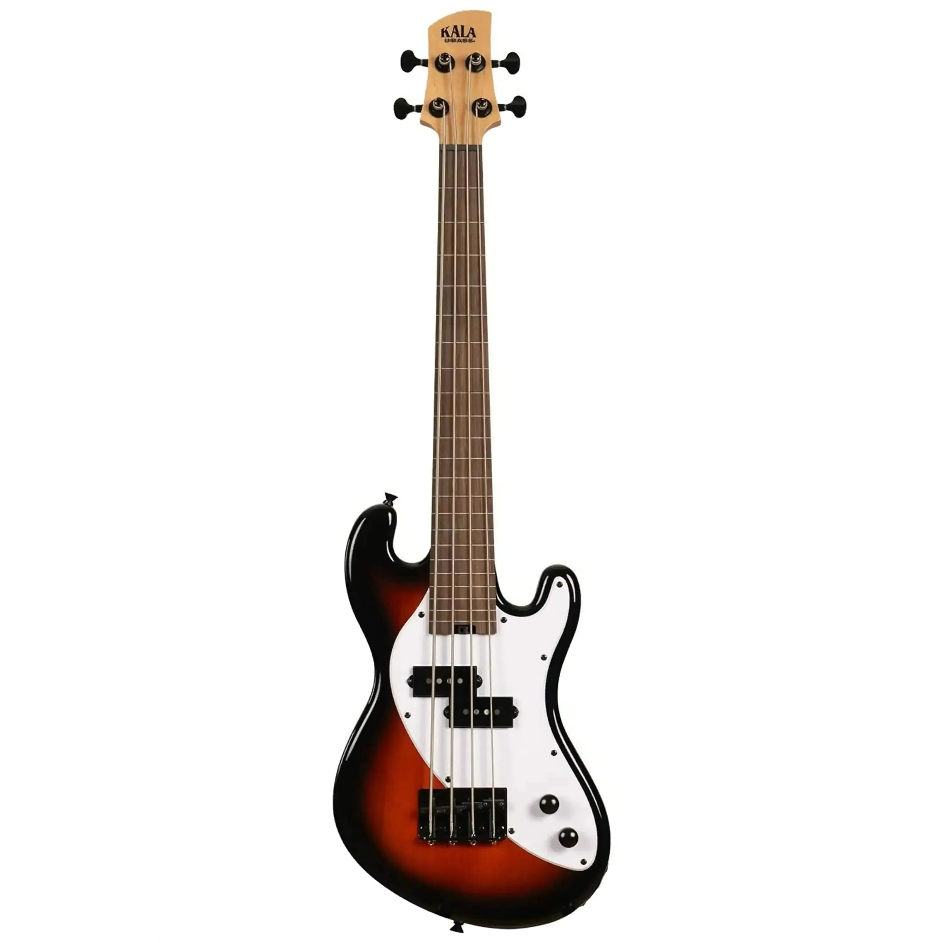 Kala UBASS-SB5-TB-FL 5-string fretless U•BASS with tobacco burst body and white pickguard.