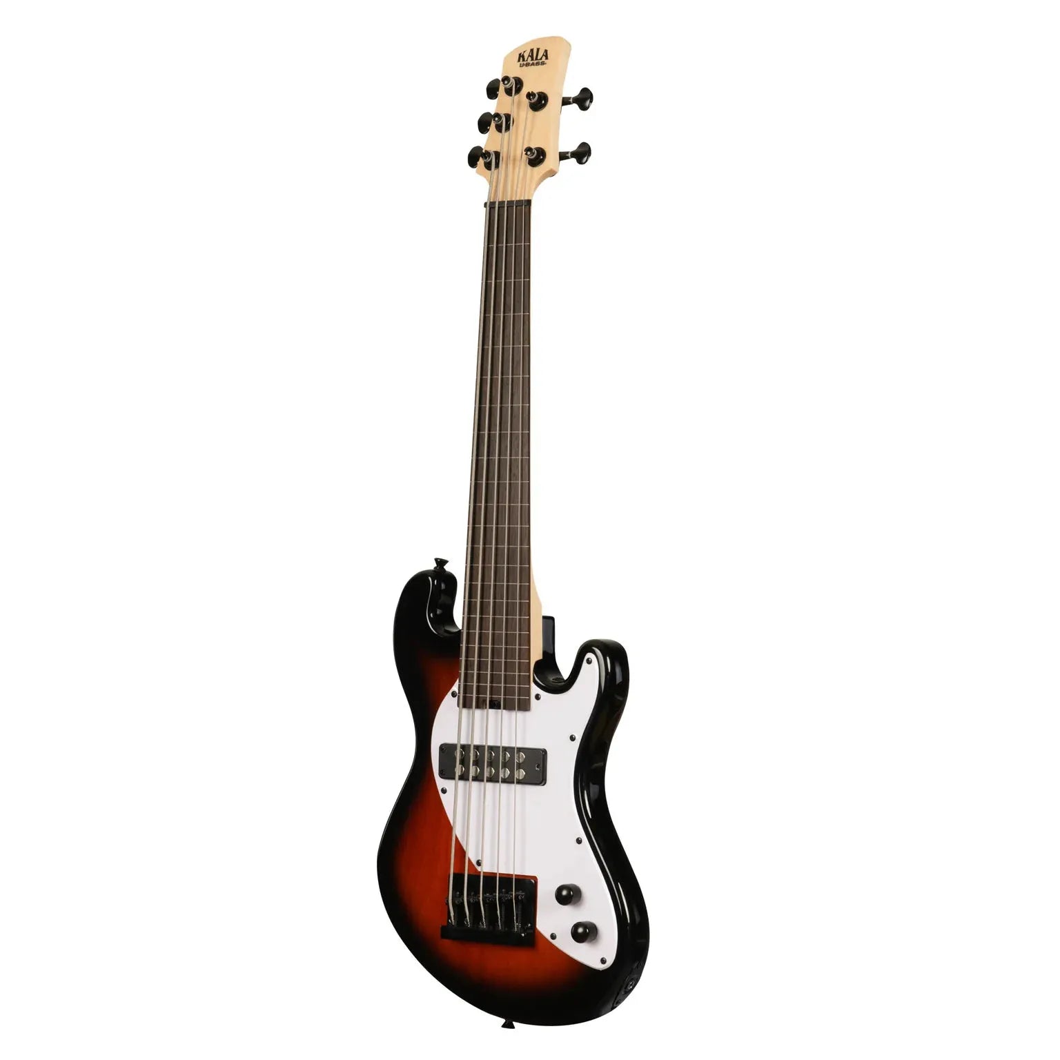 Kala 5-string fretless solid body U-BASS in tobacco burst finish with maple neck and white pickguard.