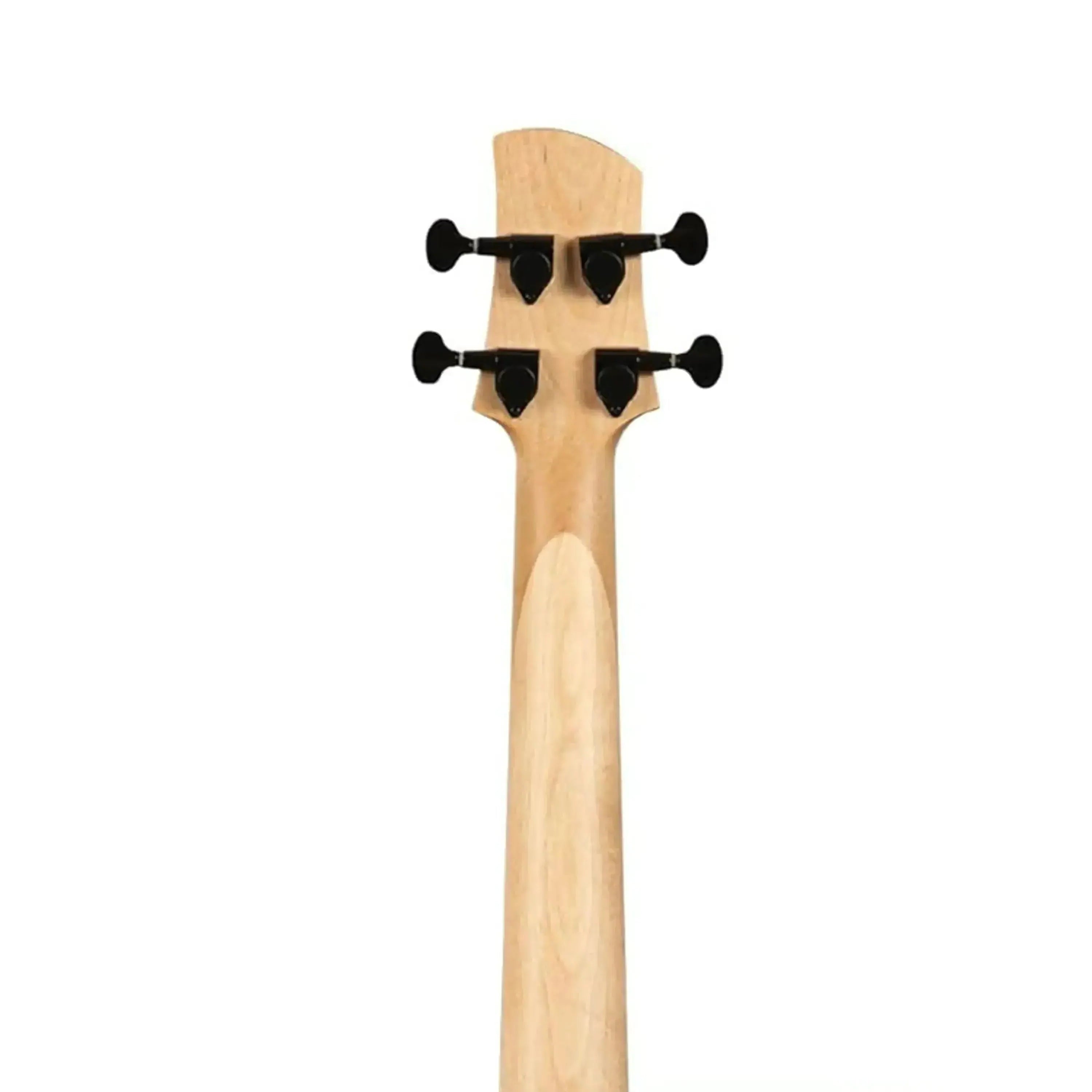Kala UBASS-SB5-TB-FL fretless 5-string U-BASS, back of light maple neck and headstock with black tuners.