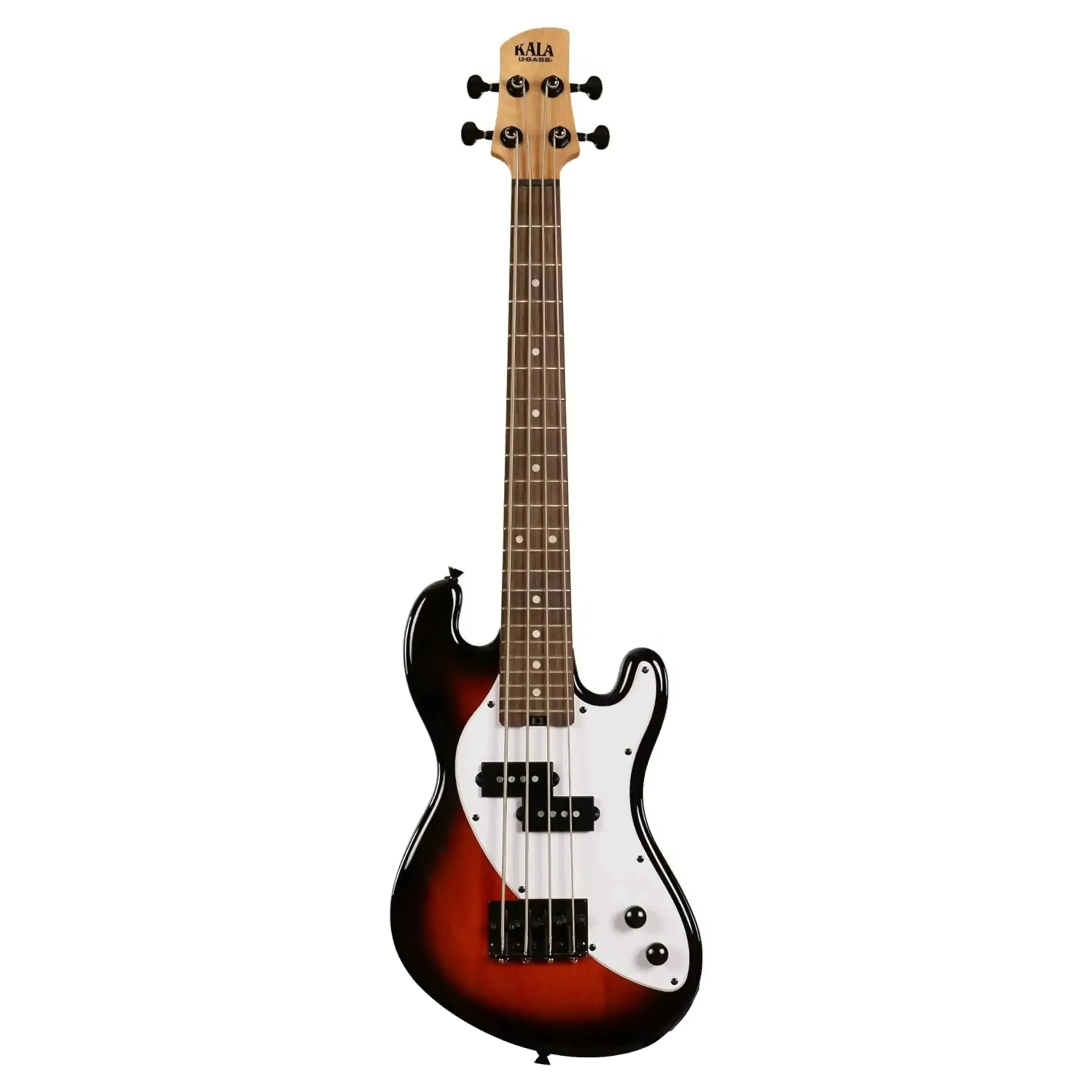 Kala Solid Body Fretted 5-String U•BASS in tobacco burst with white pickguard.